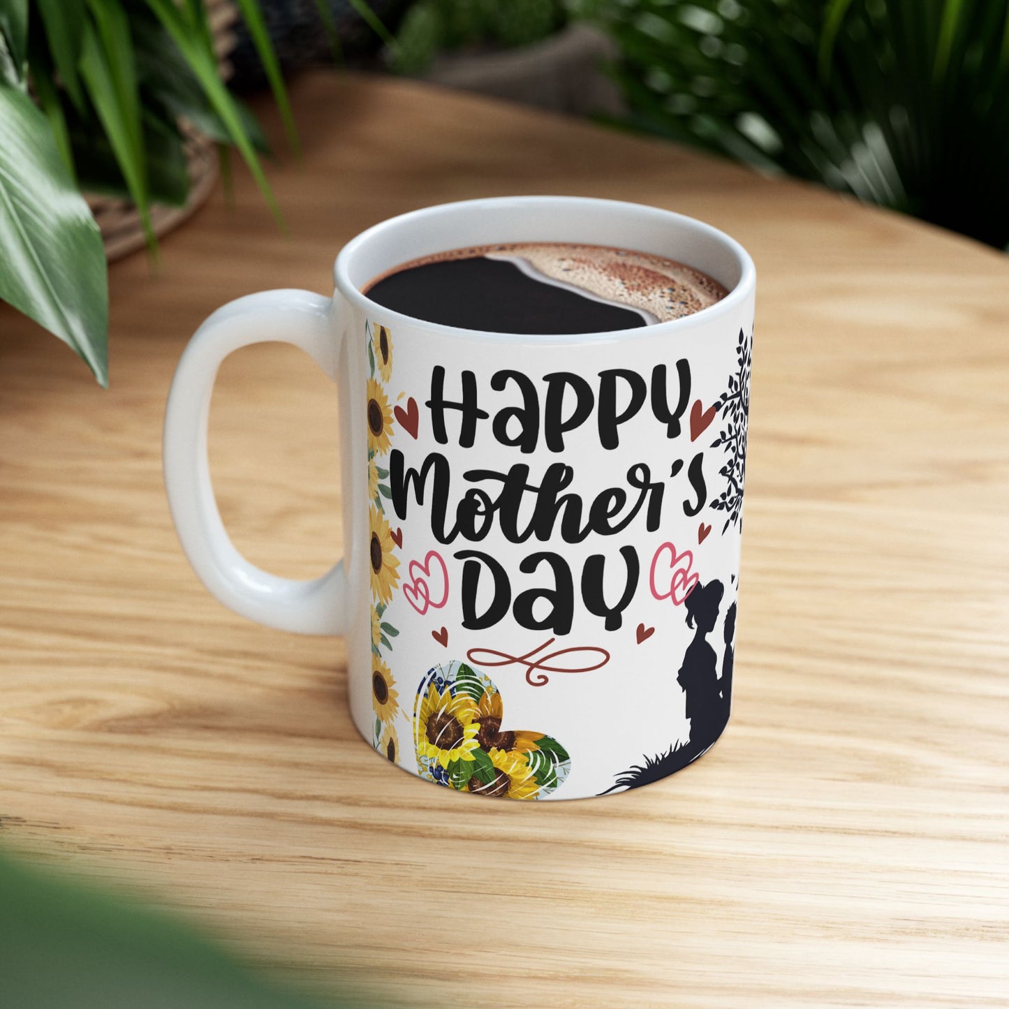 Happy Mother's Day Ceramic Mug - Sunflower Design, Cute Family Illustration - 11oz