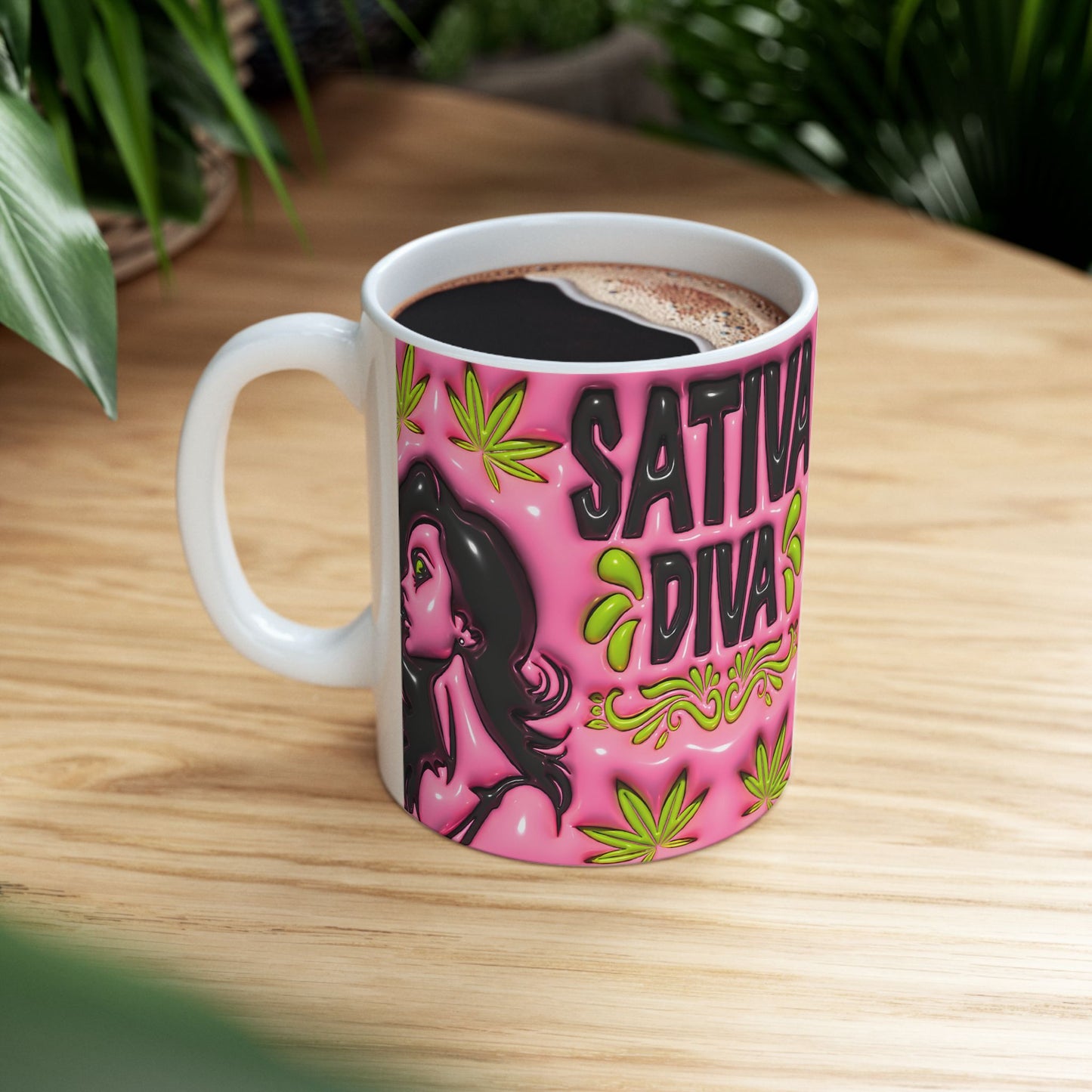 Sativa Diva Ceramic Coffee Mug - Bold Pink Design for Cannabis Lovers