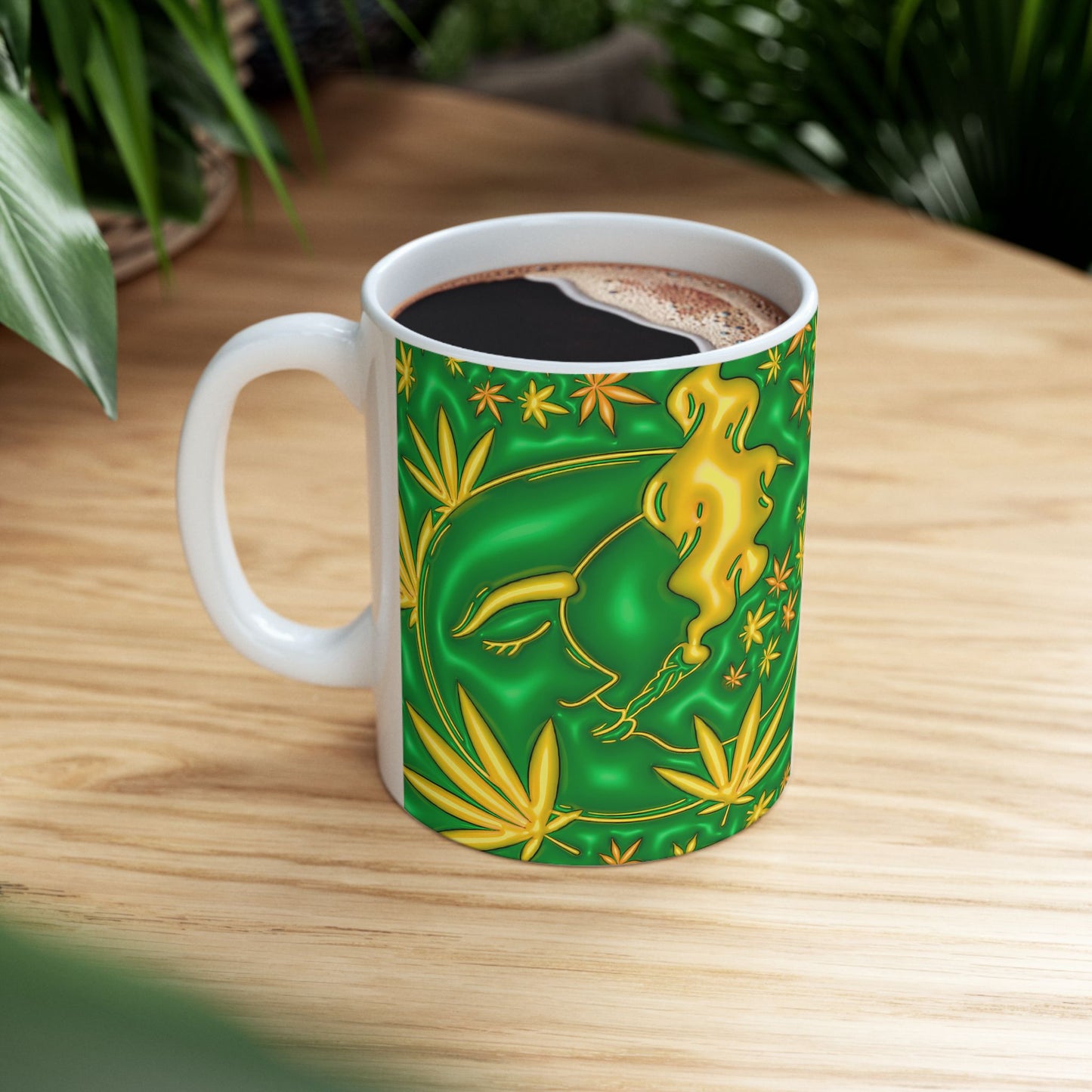 Psychedelic Cannabis Mug - 11oz Vibrant Green Leaf Design