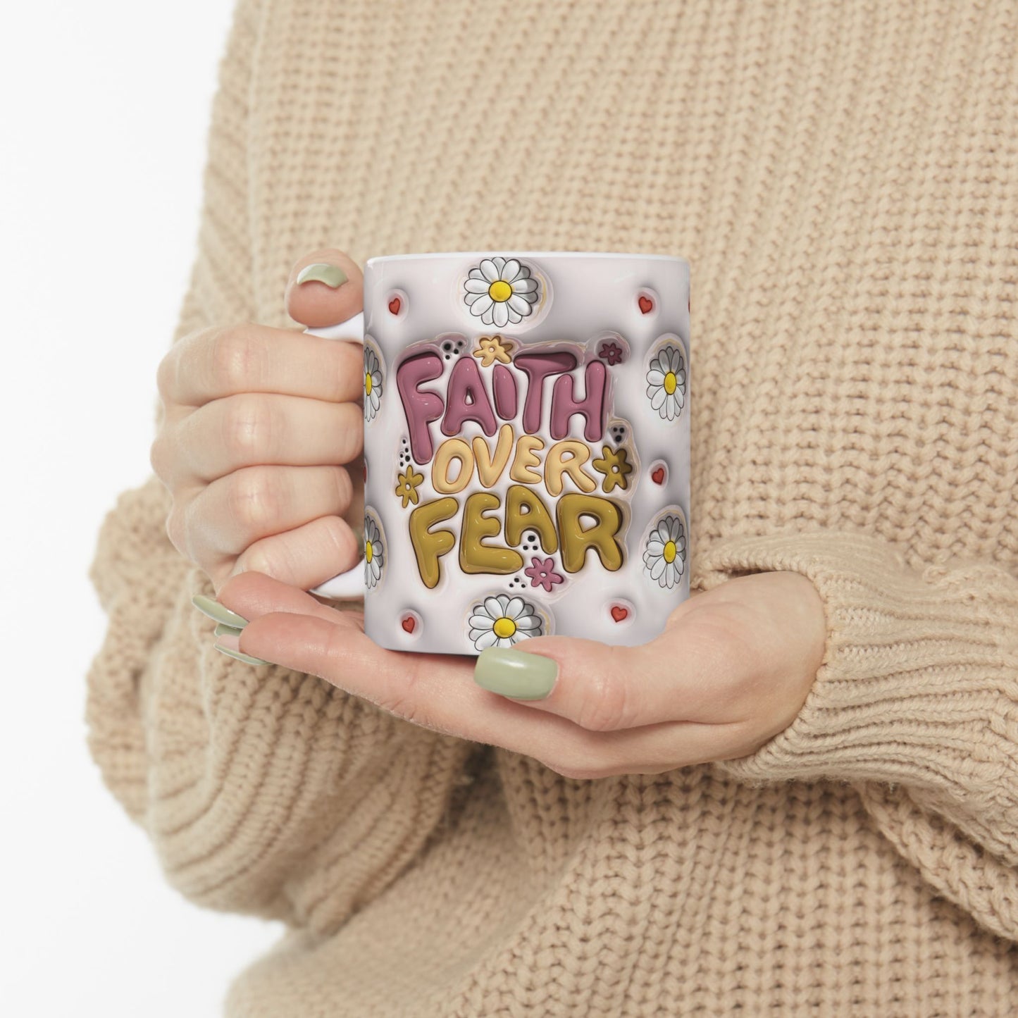 Inspirational Floral Ceramic Mug - "Faith Over Fear"