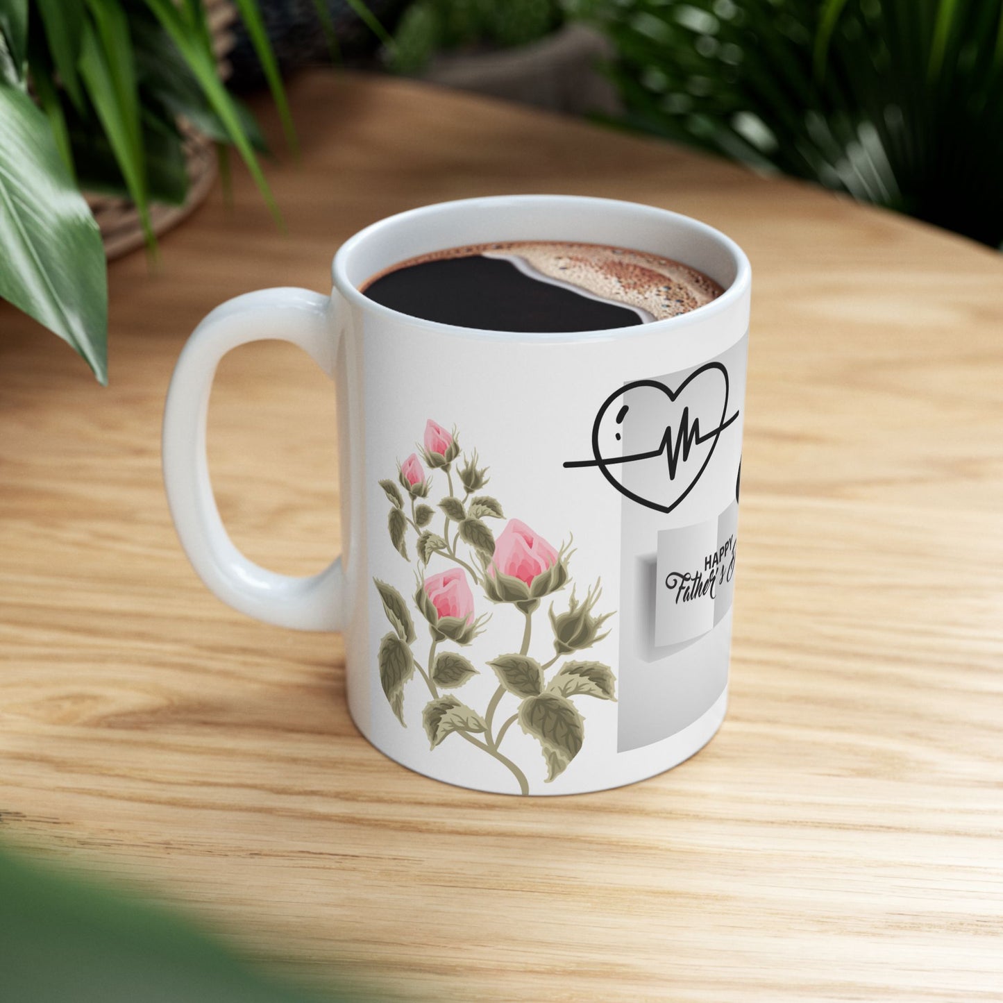 Father's Day Ceramic Mug - Stylish Gift with Roses & Heartbeat Design