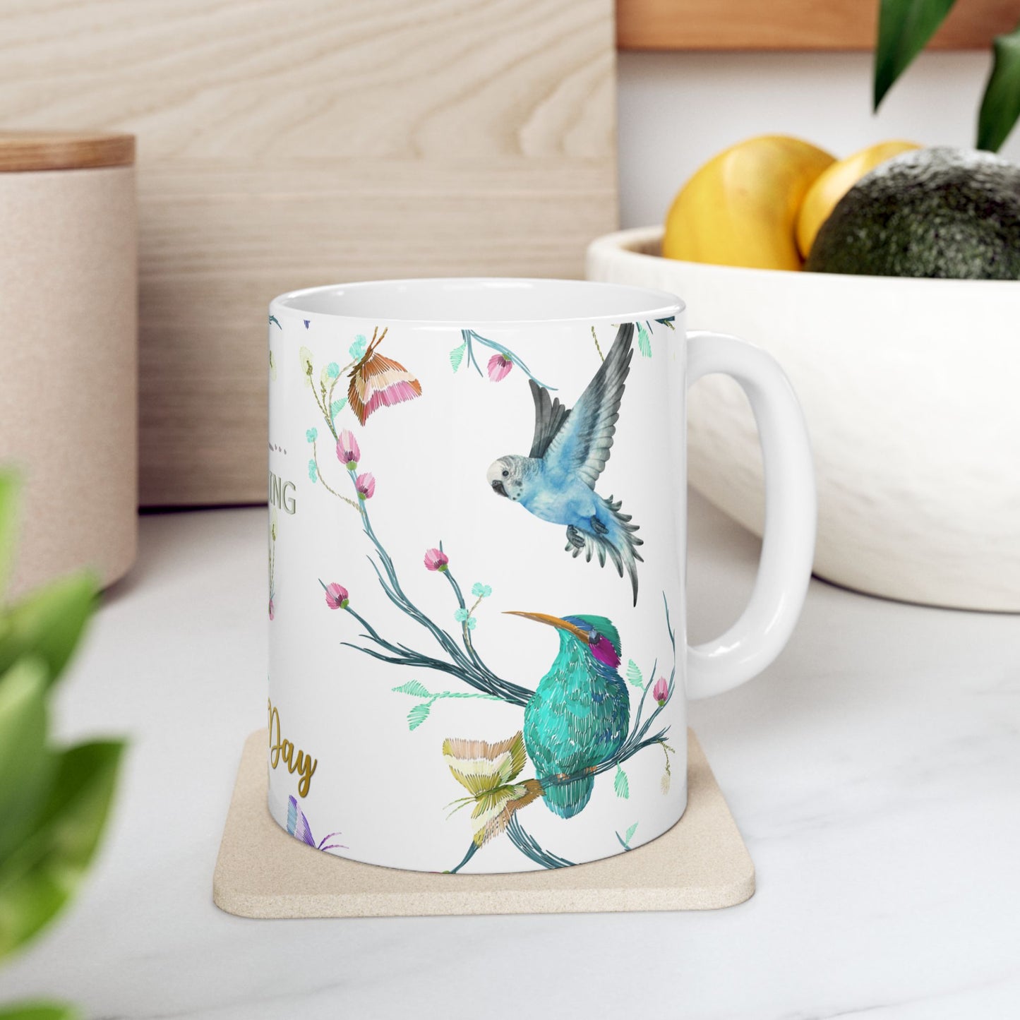 Floral Good Morning Ceramic Mug. Coffee Cup for Positive Vibes