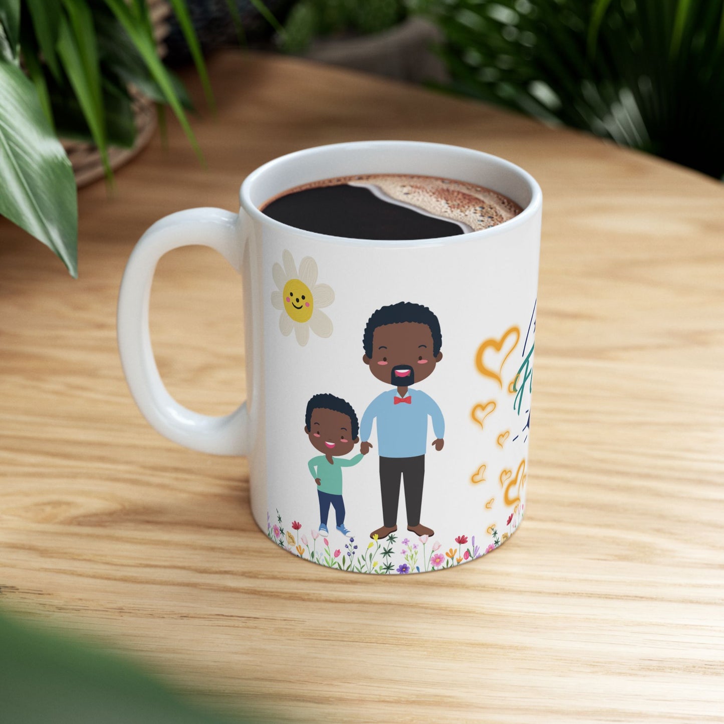 Happy Father's Day Ceramic Mug Colorful Floral Design with Cheerful Characters