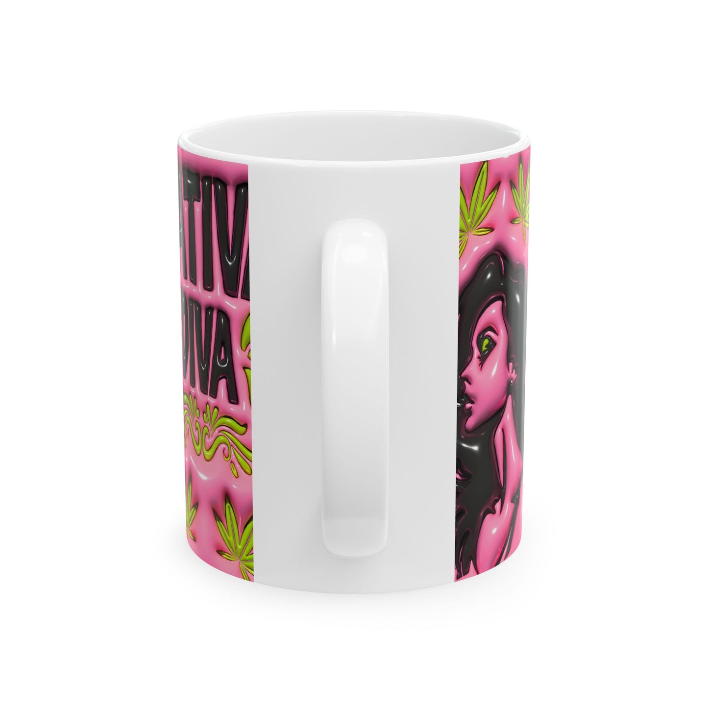 Sativa Diva Ceramic Coffee Mug - Bold Pink Design for Cannabis Lovers