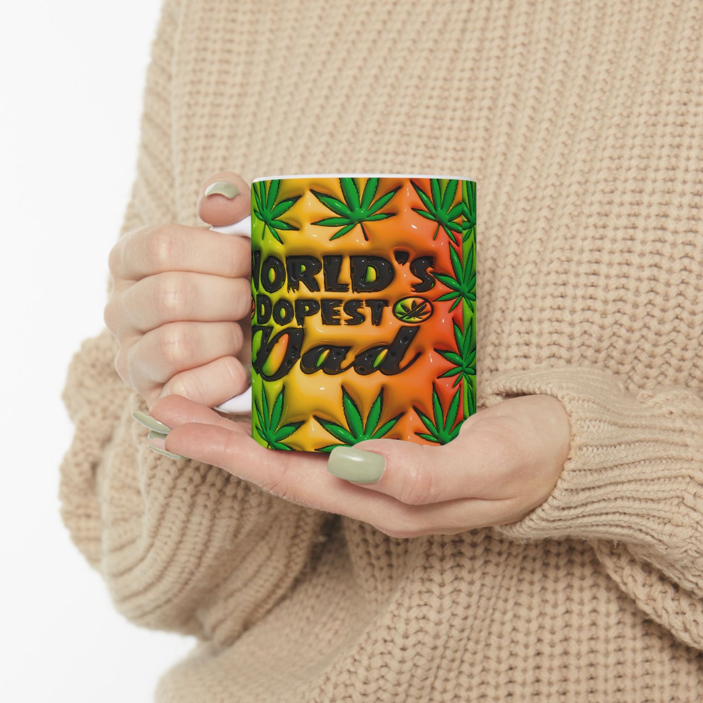 World's Dopest Dad Ceramic Mug - Colorful Green & Orange Cannabis Design