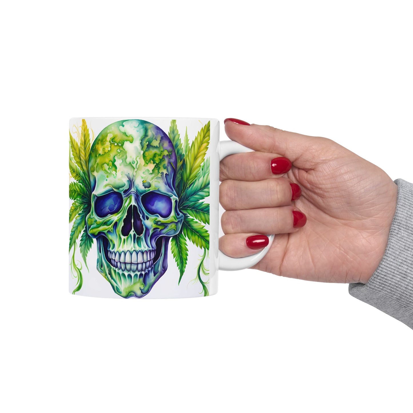 Vibrant Skull & Leaf Ceramic Mug - 11oz Perfect for Stoners