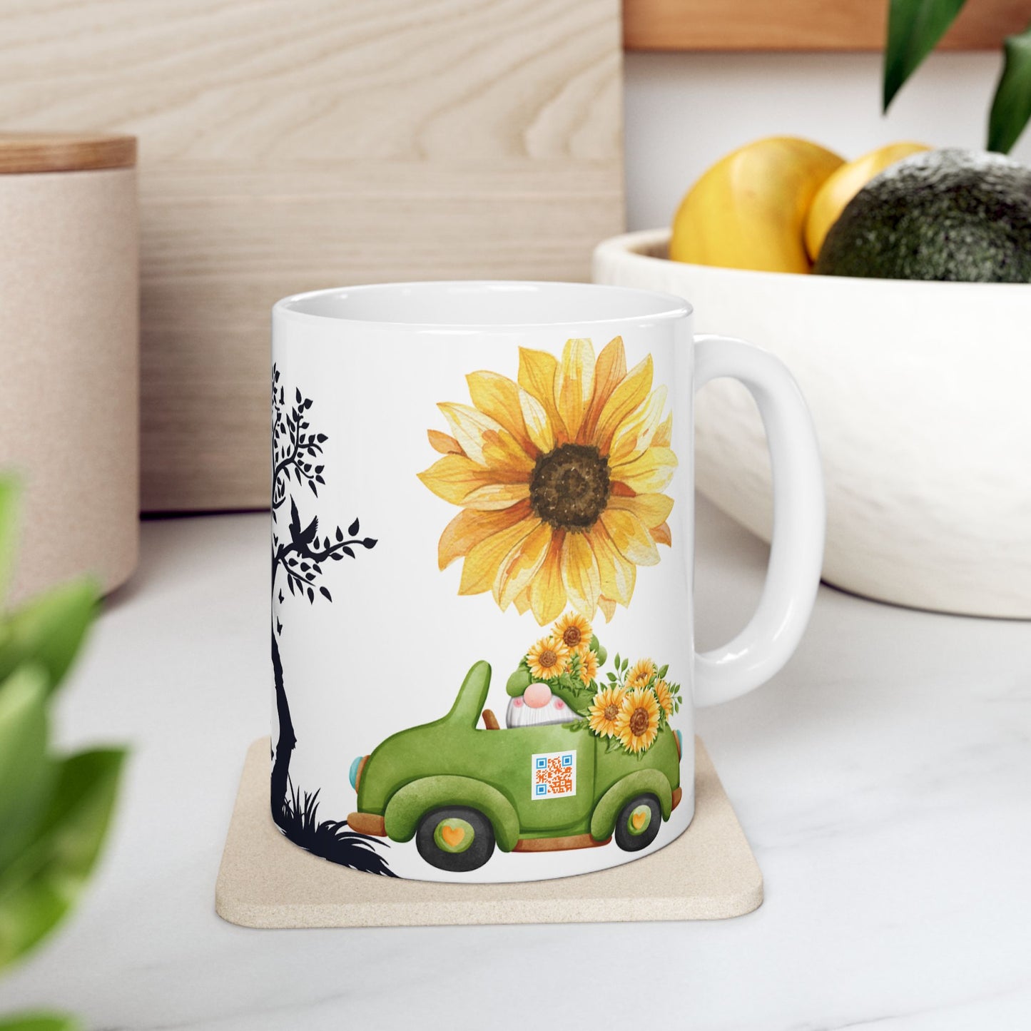 Happy Mother's Day Ceramic Mug - Sunflower Design, Cute Family Illustration - 11oz
