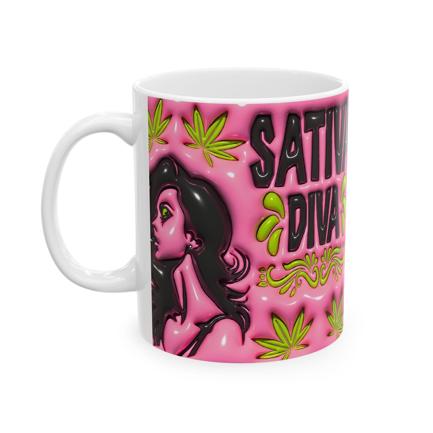 Sativa Diva Ceramic Coffee Mug - Bold Pink Design for Cannabis Lovers
