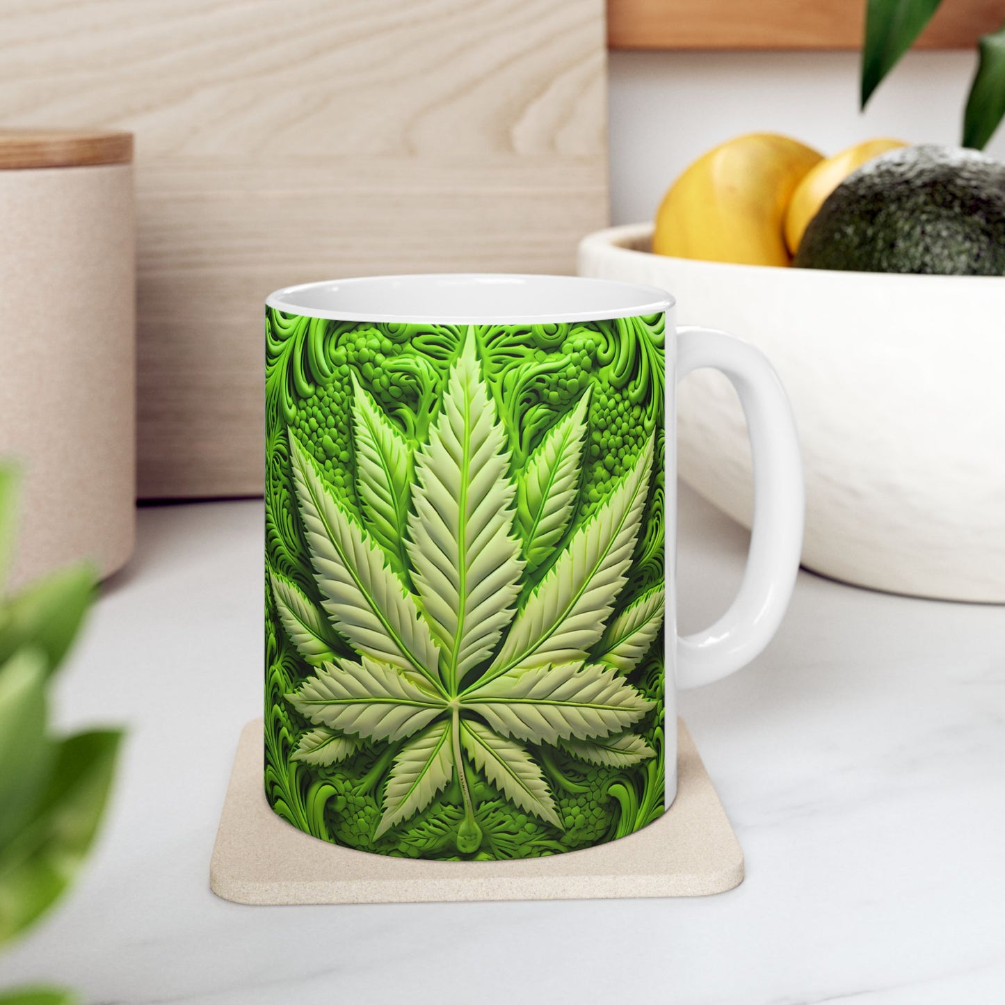 Green Leaf Design Ceramic Mug - Perfect for Plant Lovers - 11oz