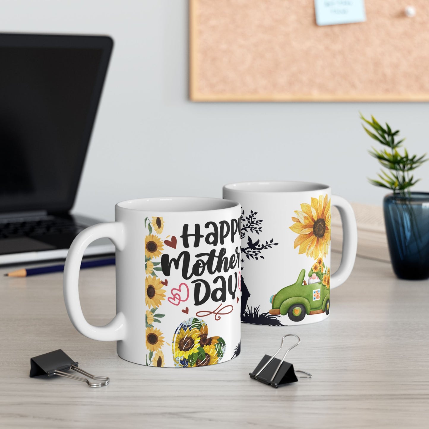 Happy Mother's Day Ceramic Mug - Sunflower Design, Cute Family Illustration - 11oz