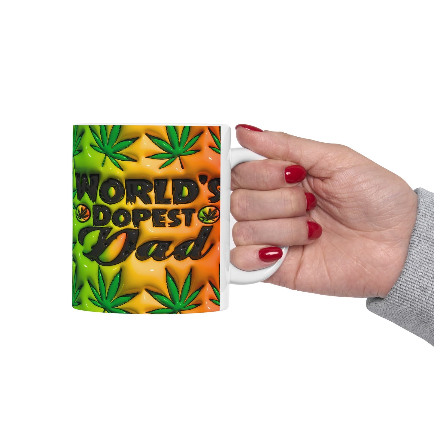 World's Dopest Dad Ceramic Mug - Colorful Green & Orange Cannabis Design
