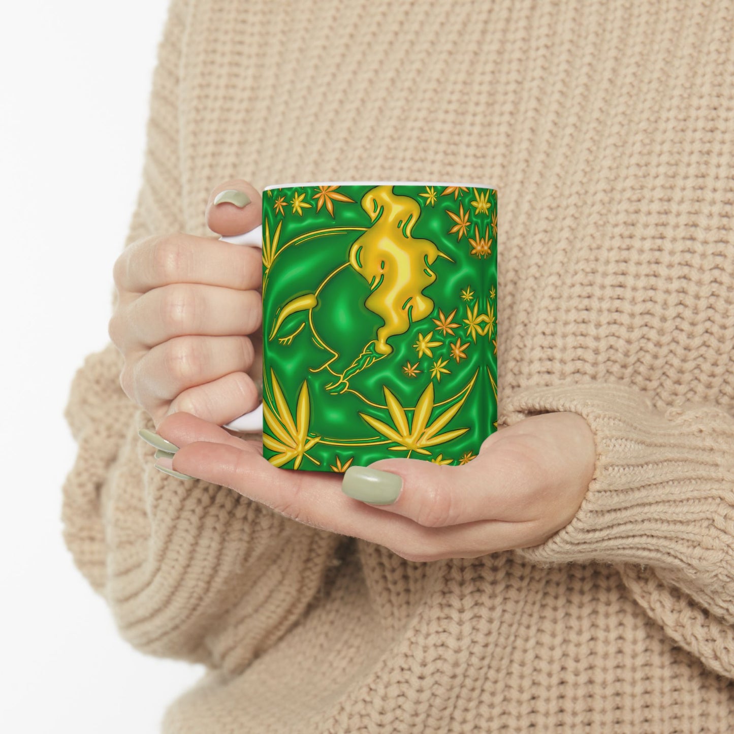 Psychedelic Cannabis Mug - 11oz Vibrant Green Leaf Design
