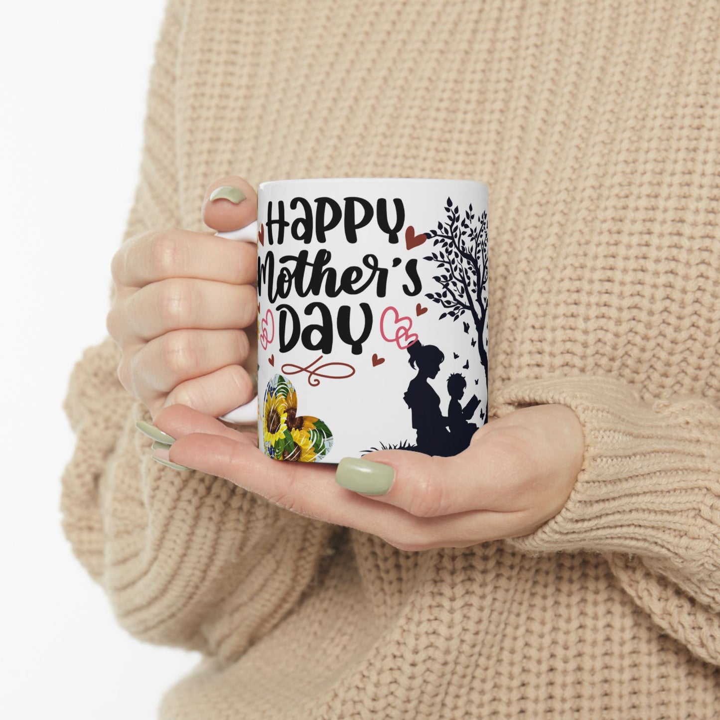 Happy Mother's Day Ceramic Mug - Sunflower Design, Cute Family Illustration - 11oz