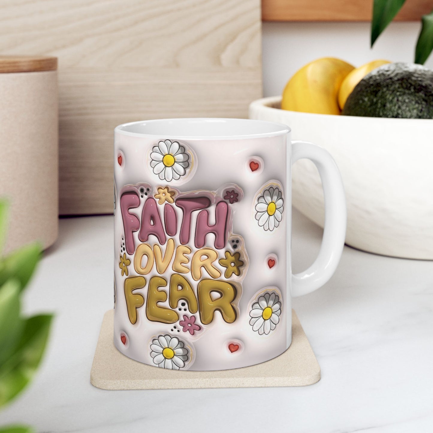 Inspirational Floral Ceramic Mug - "Faith Over Fear"