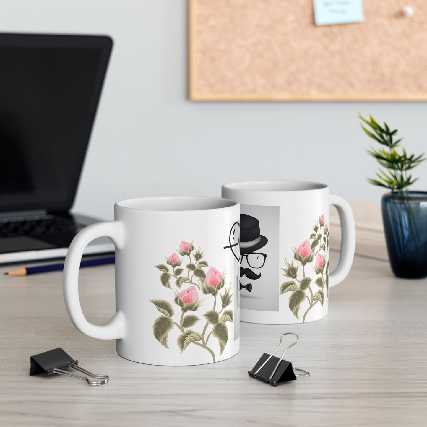 Father's Day Ceramic Mug - Stylish Gift with Roses & Heartbeat Design