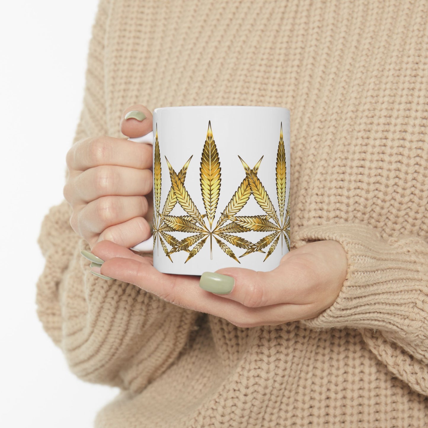 Gold Leaf Cannabis Ceramic Mug - 11oz Coffee Cup for Cannabis Lovers