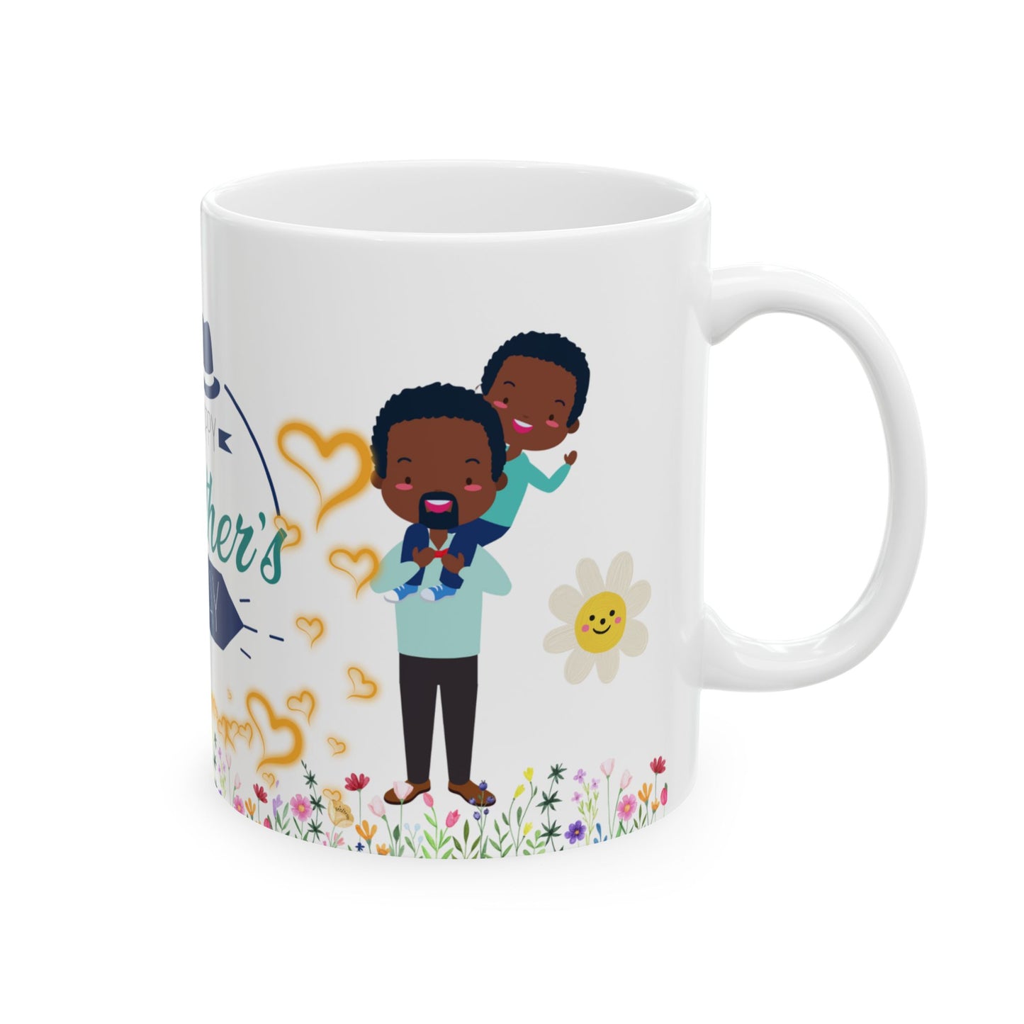 Happy Father's Day Ceramic Mug Colorful Floral Design with Cheerful Characters