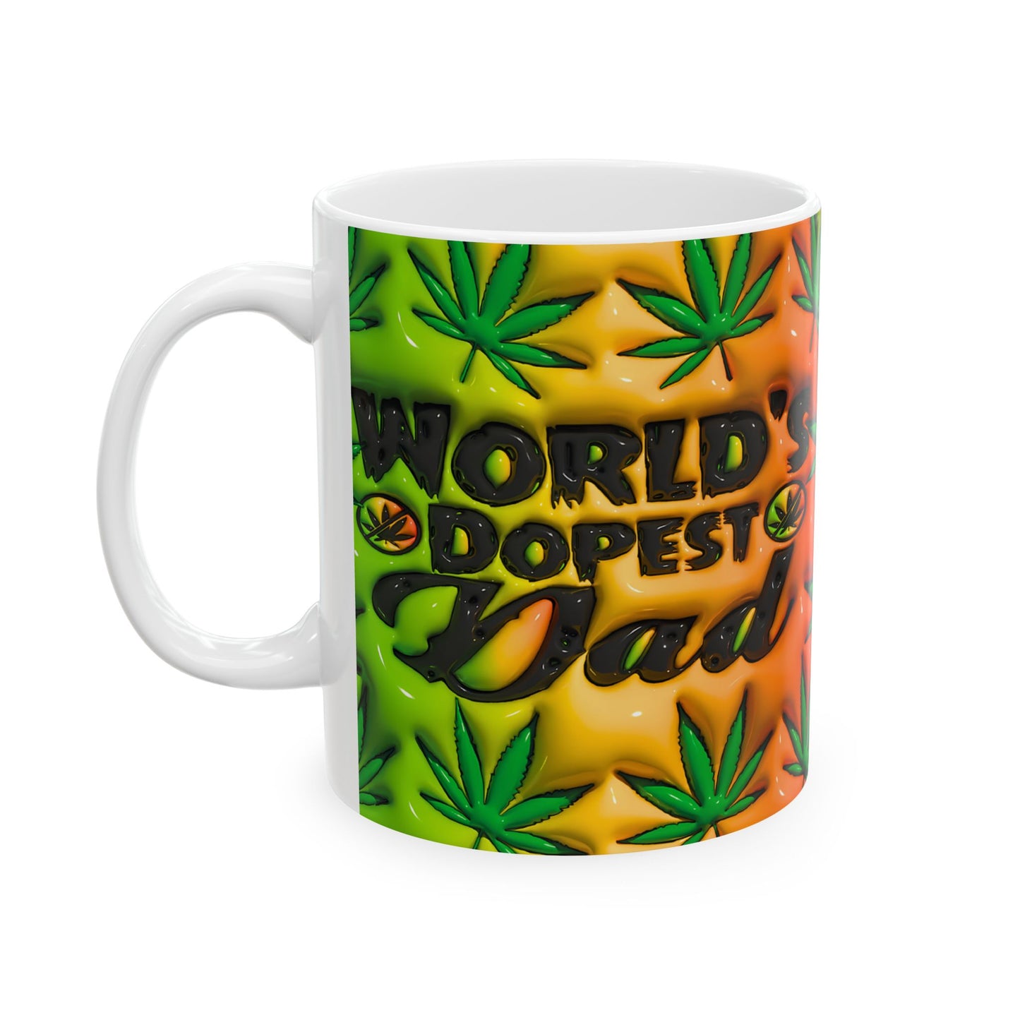 World's Dopest Dad Ceramic Mug - Colorful Green & Orange Cannabis Design