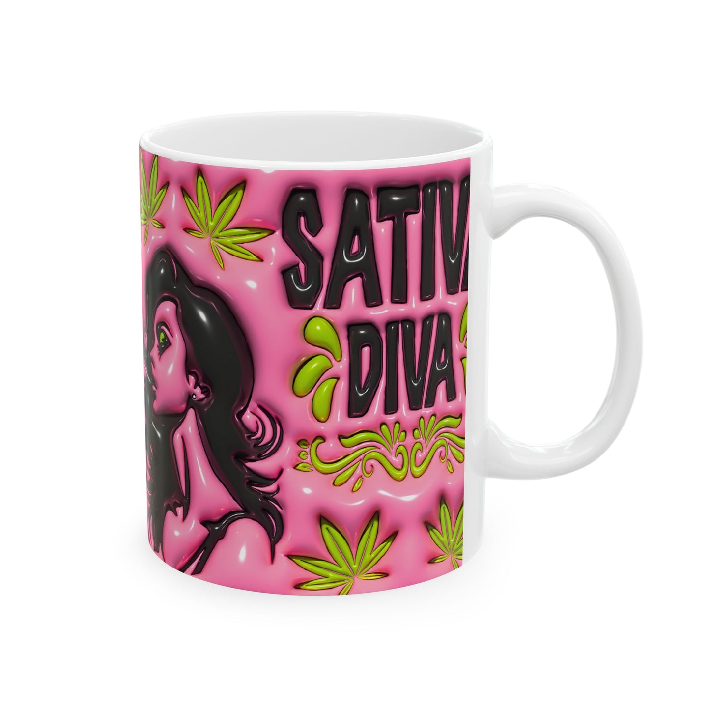 Sativa Diva Ceramic Coffee Mug - Bold Pink Design for Cannabis Lovers