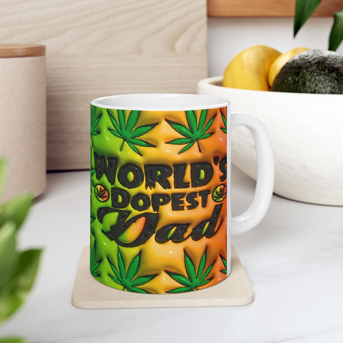 World's Dopest Dad Ceramic Mug - Colorful Green & Orange Cannabis Design