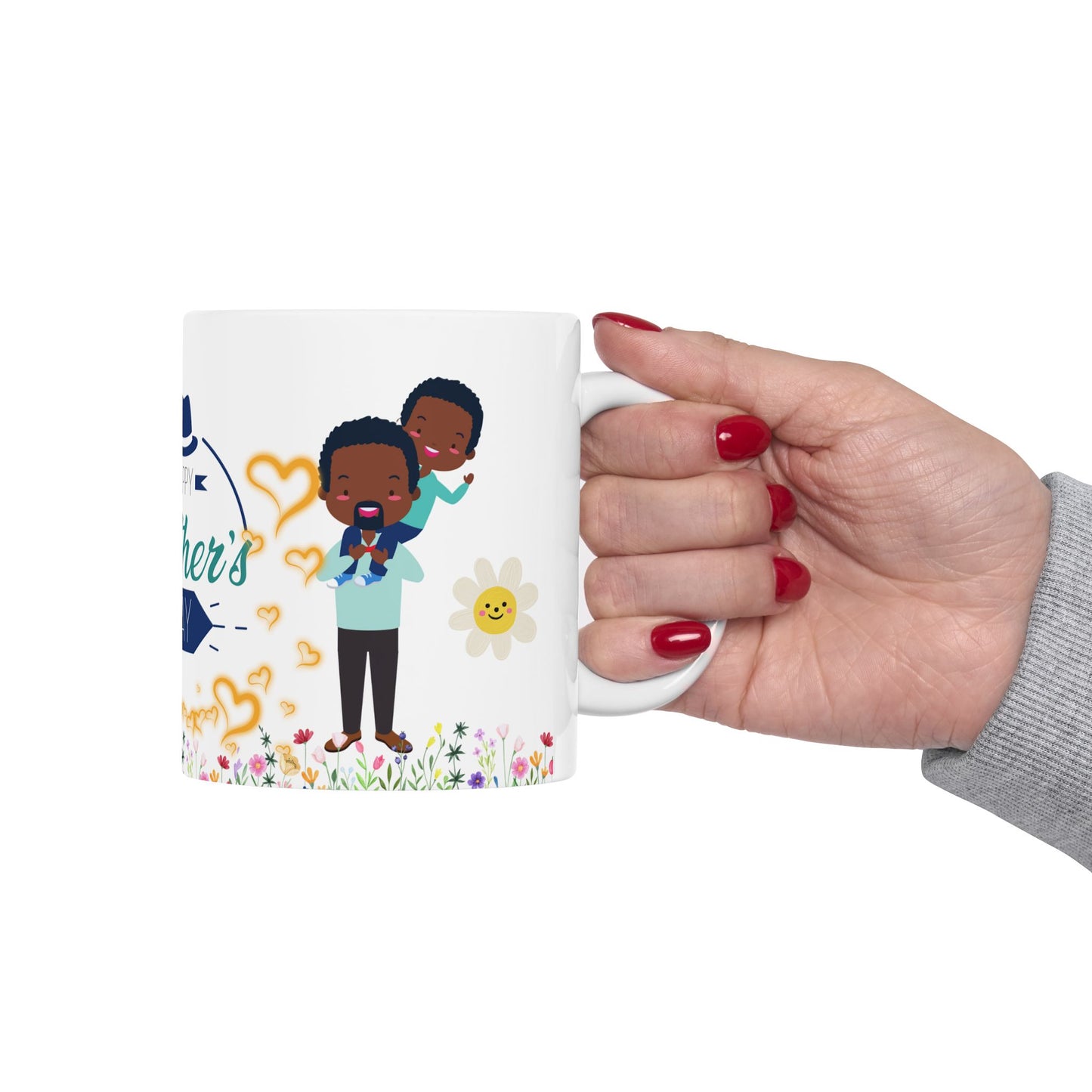 Happy Father's Day Ceramic Mug Colorful Floral Design with Cheerful Characters
