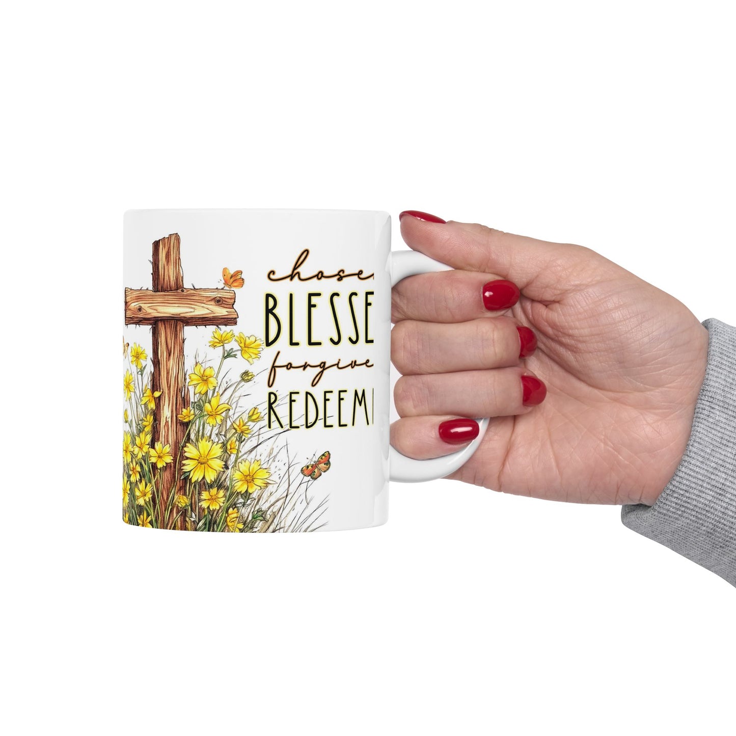 Inspirational Ceramic Mug - 'Chosen, Blessed, Redeemed' with Floral Design