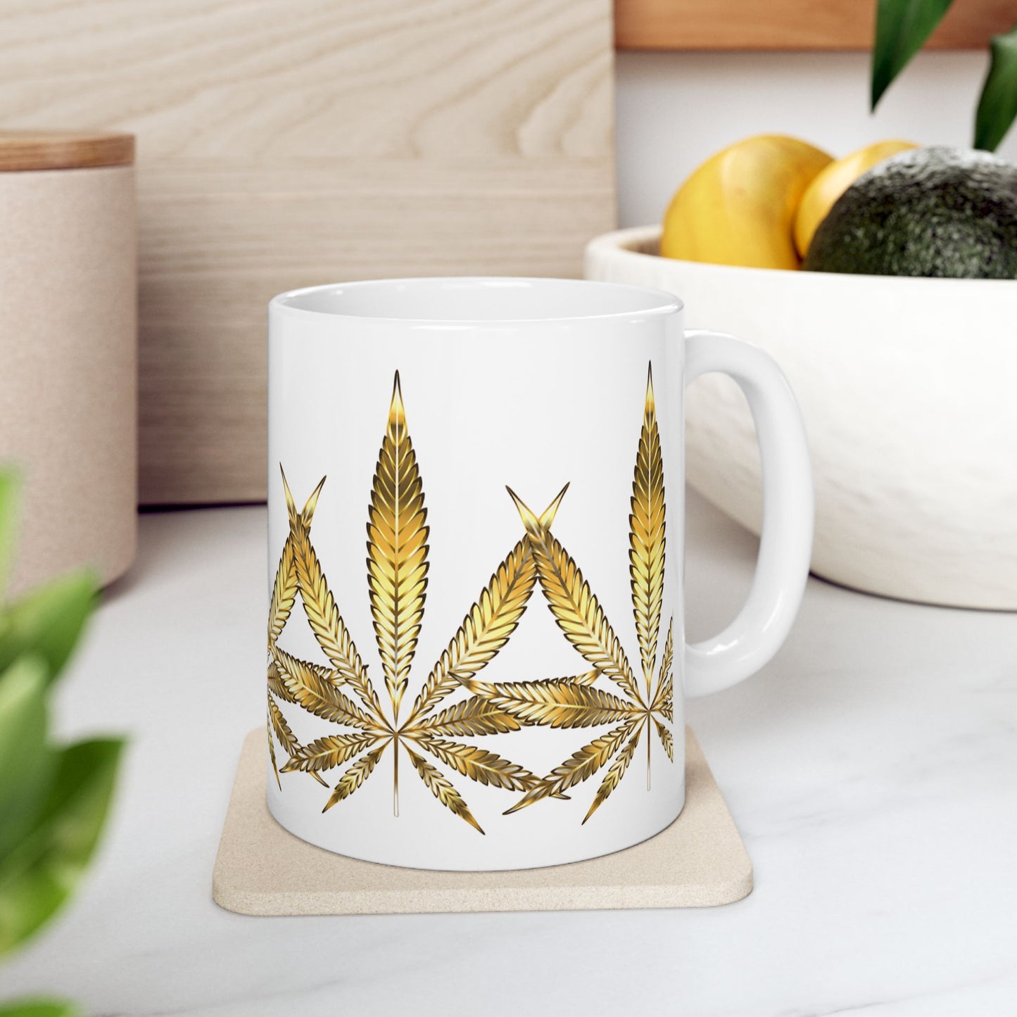 Gold Leaf Cannabis Ceramic Mug - 11oz Coffee Cup for Cannabis Lovers