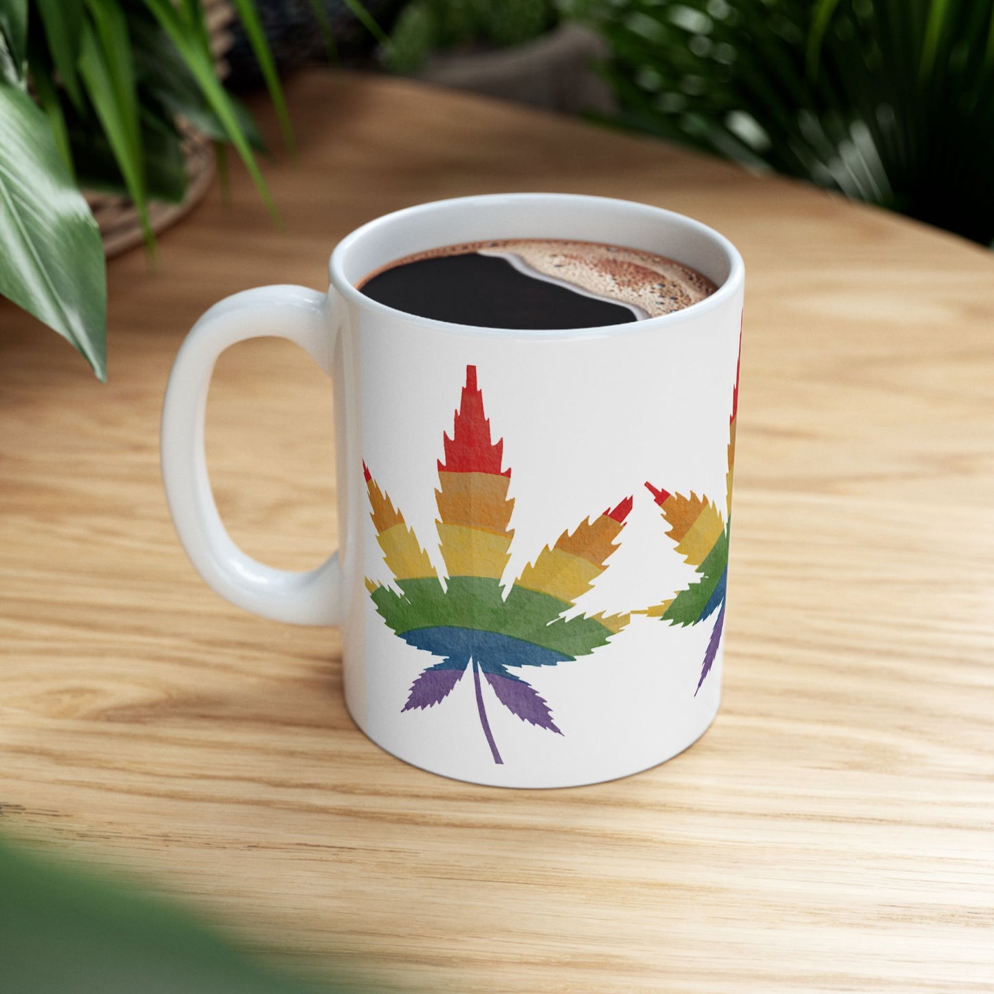 Rainbow Leaf Ceramic Mug - Colorful Cannabis Design for Proud Allies