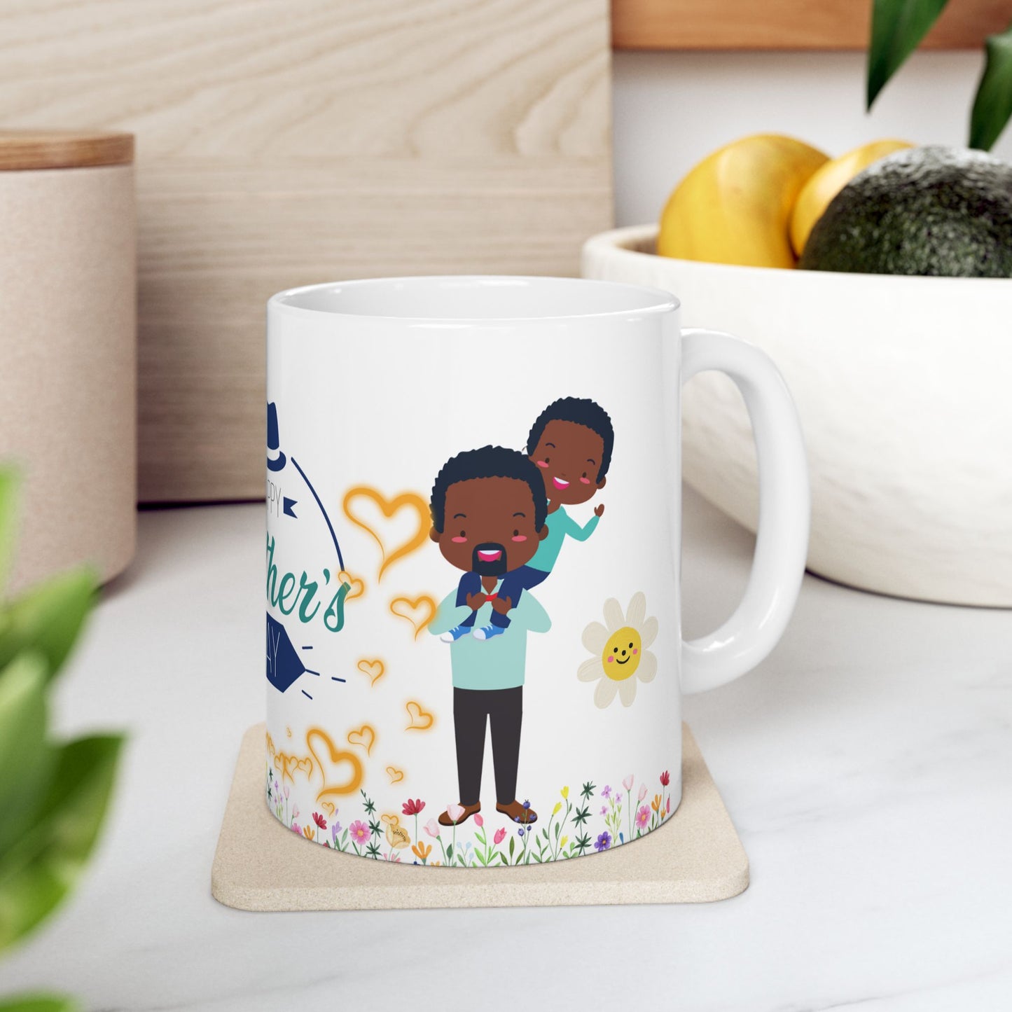 Happy Father's Day Ceramic Mug Colorful Floral Design with Cheerful Characters