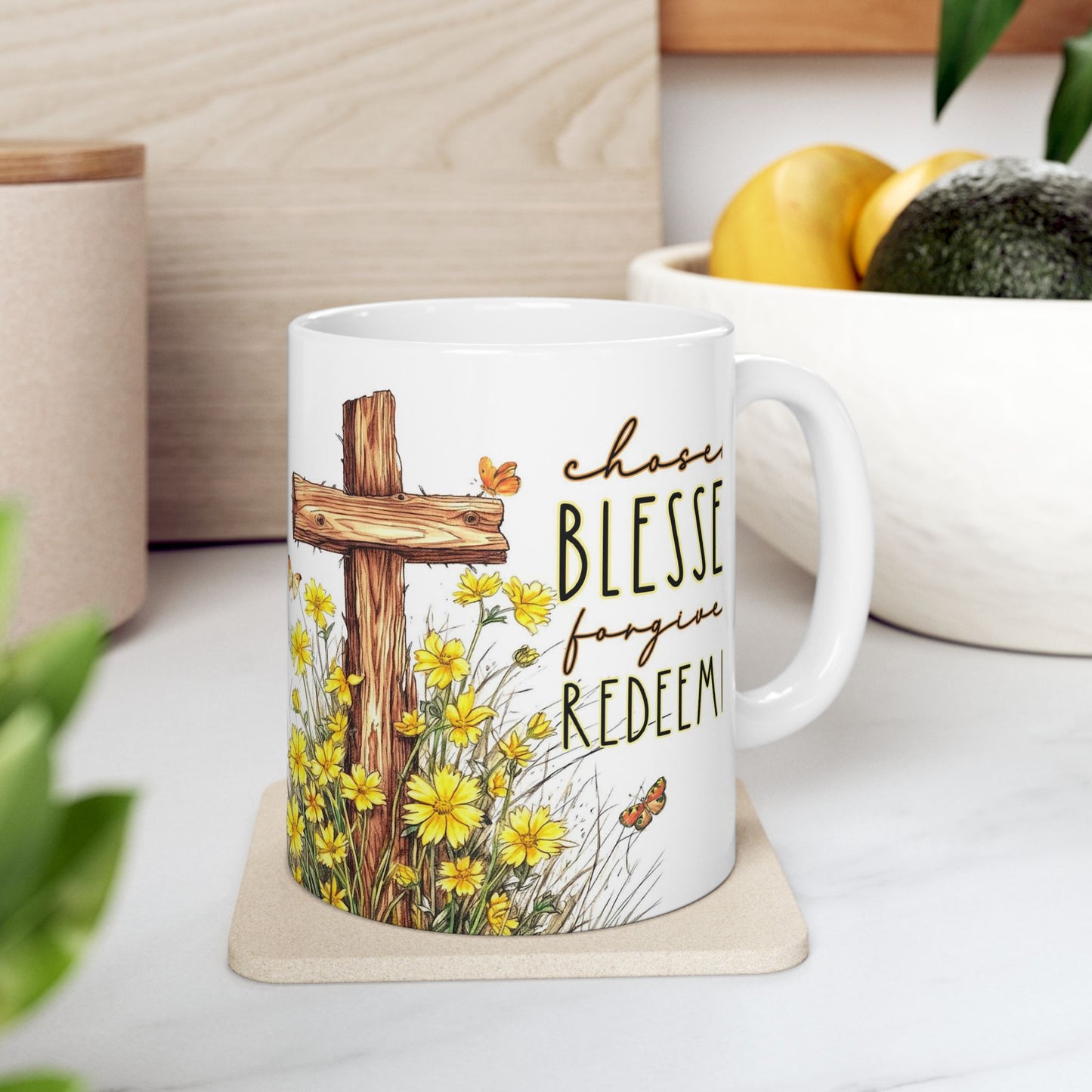 Inspirational Ceramic Mug - 'Chosen, Blessed, Redeemed' with Floral Design