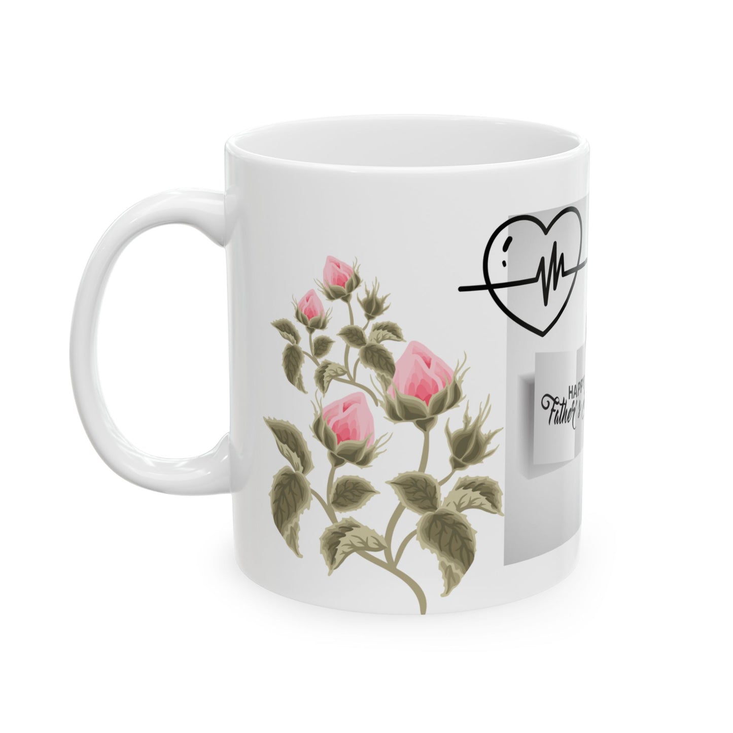 Father's Day Ceramic Mug - Stylish Gift with Roses & Heartbeat Design