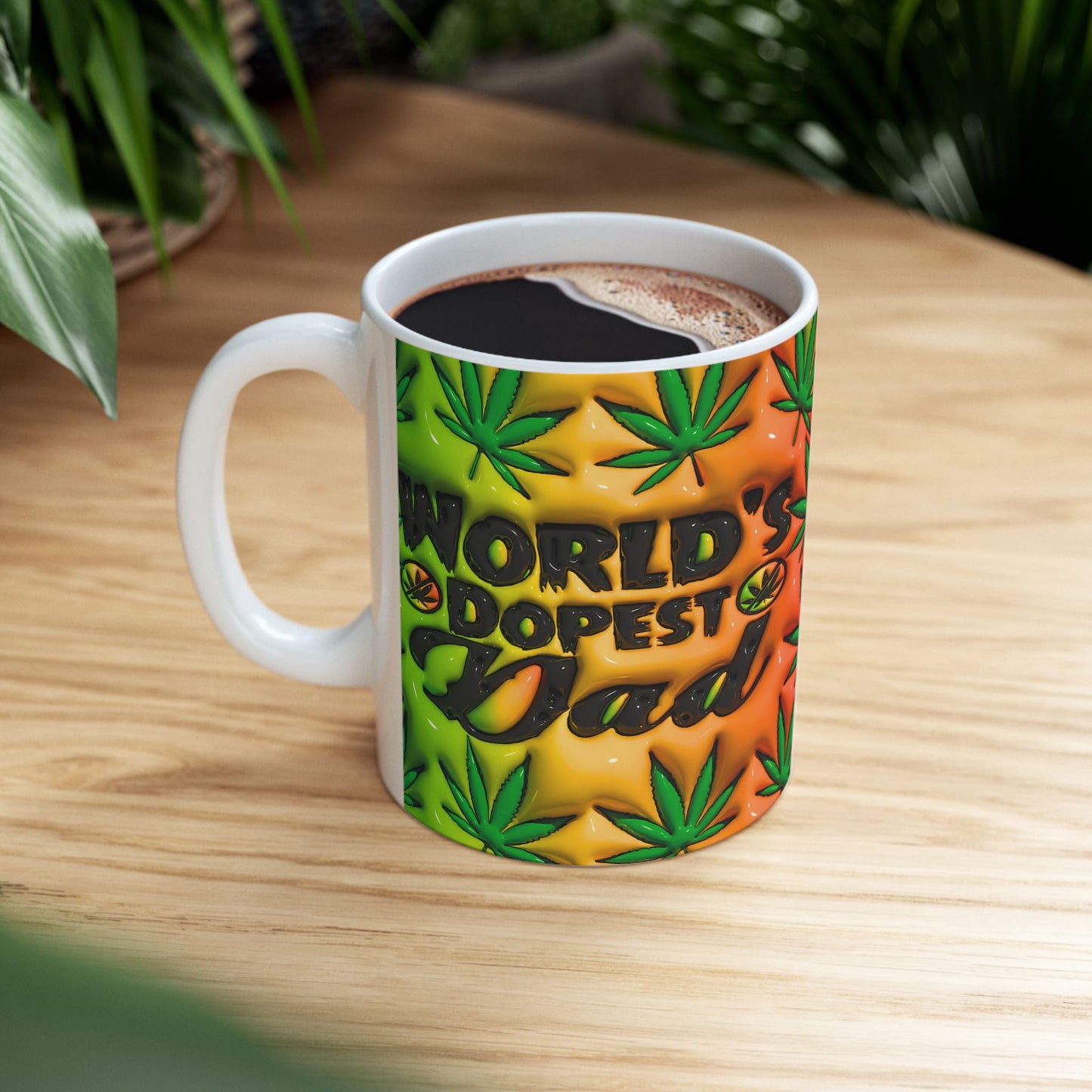 World's Dopest Dad Ceramic Mug - Colorful Green & Orange Cannabis Design