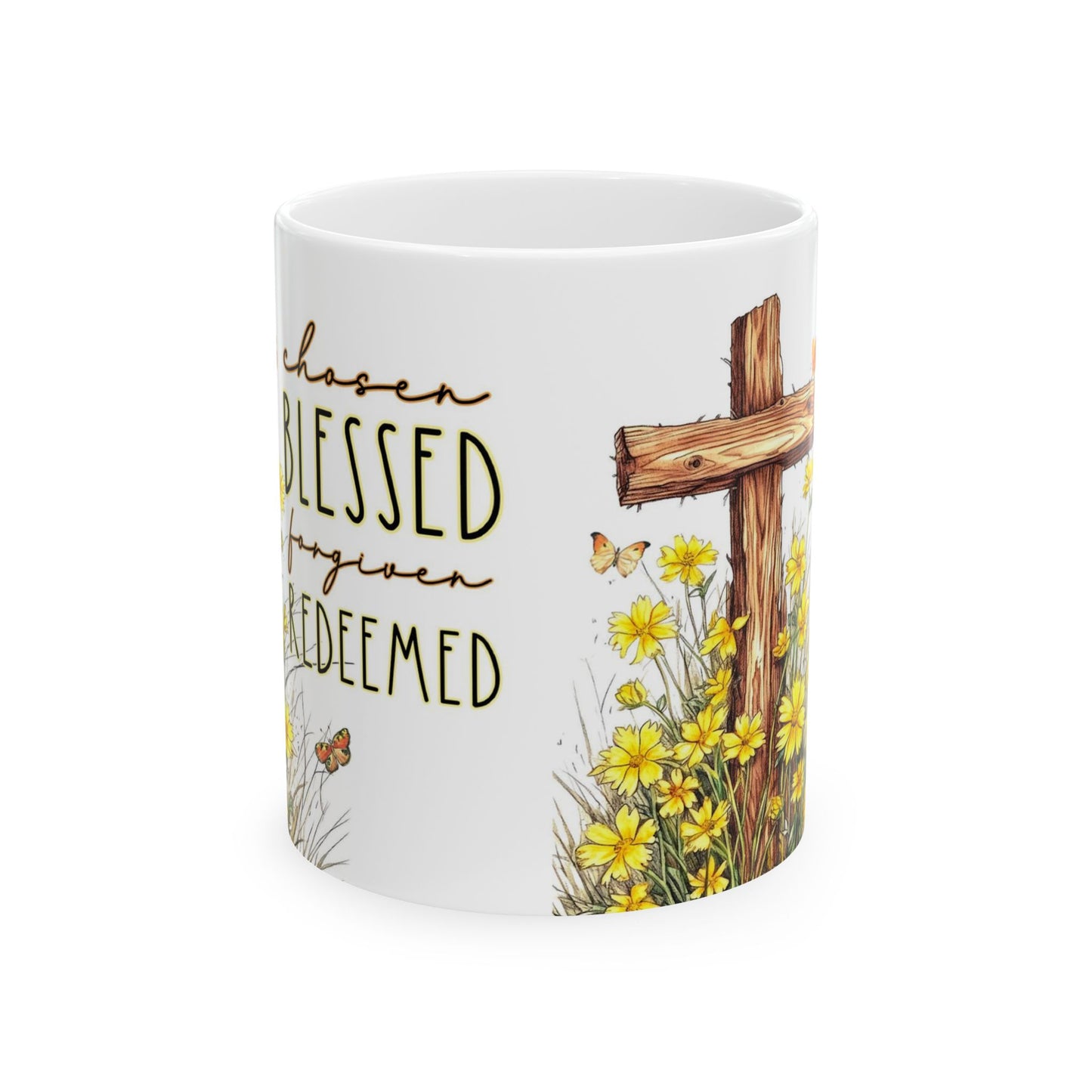 Inspirational Ceramic Mug - 'Chosen, Blessed, Redeemed' with Floral Design