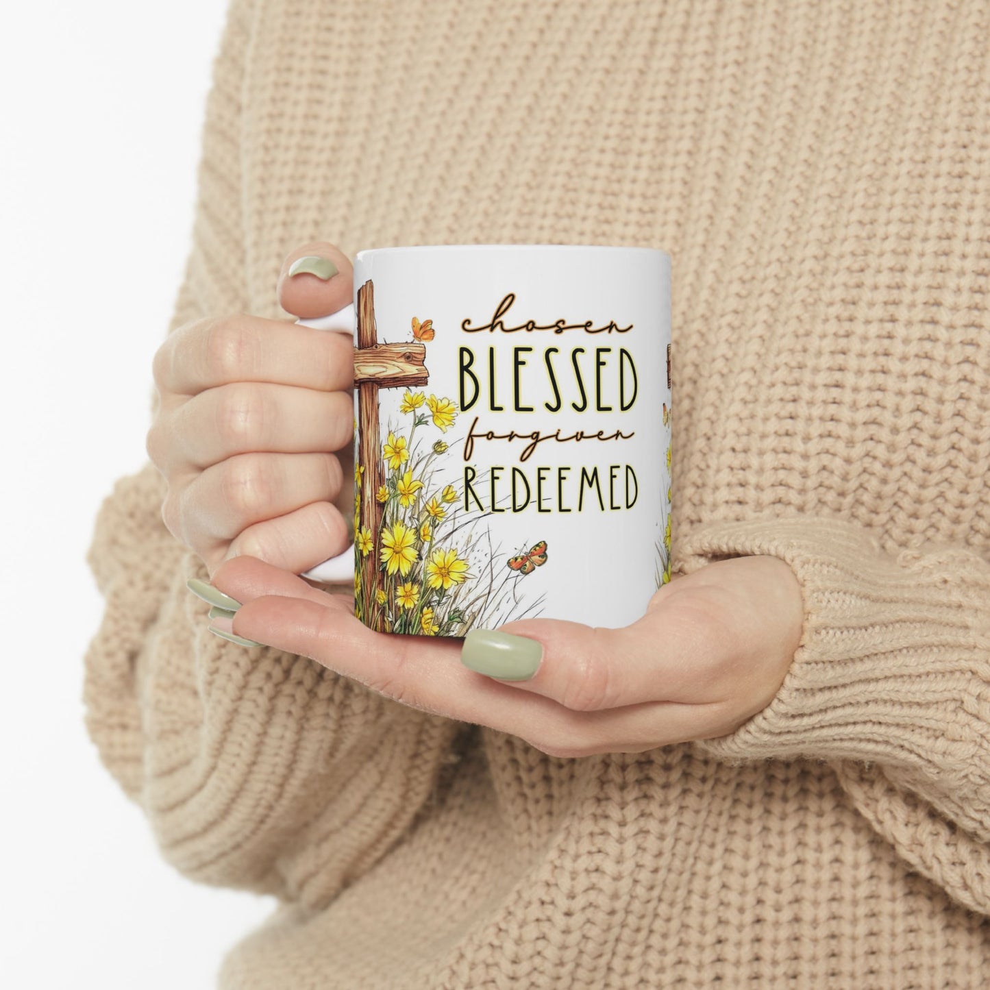 Inspirational Ceramic Mug - 'Chosen, Blessed, Redeemed' with Floral Design