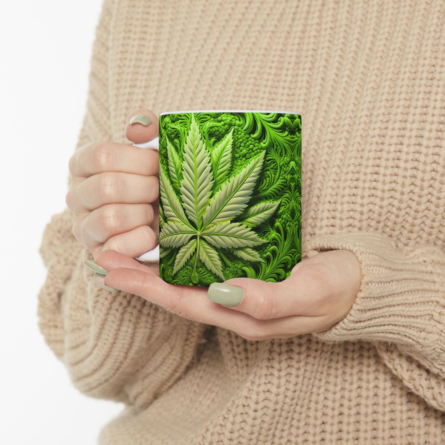 Green Leaf Design Ceramic Mug - Perfect for Plant Lovers - 11oz
