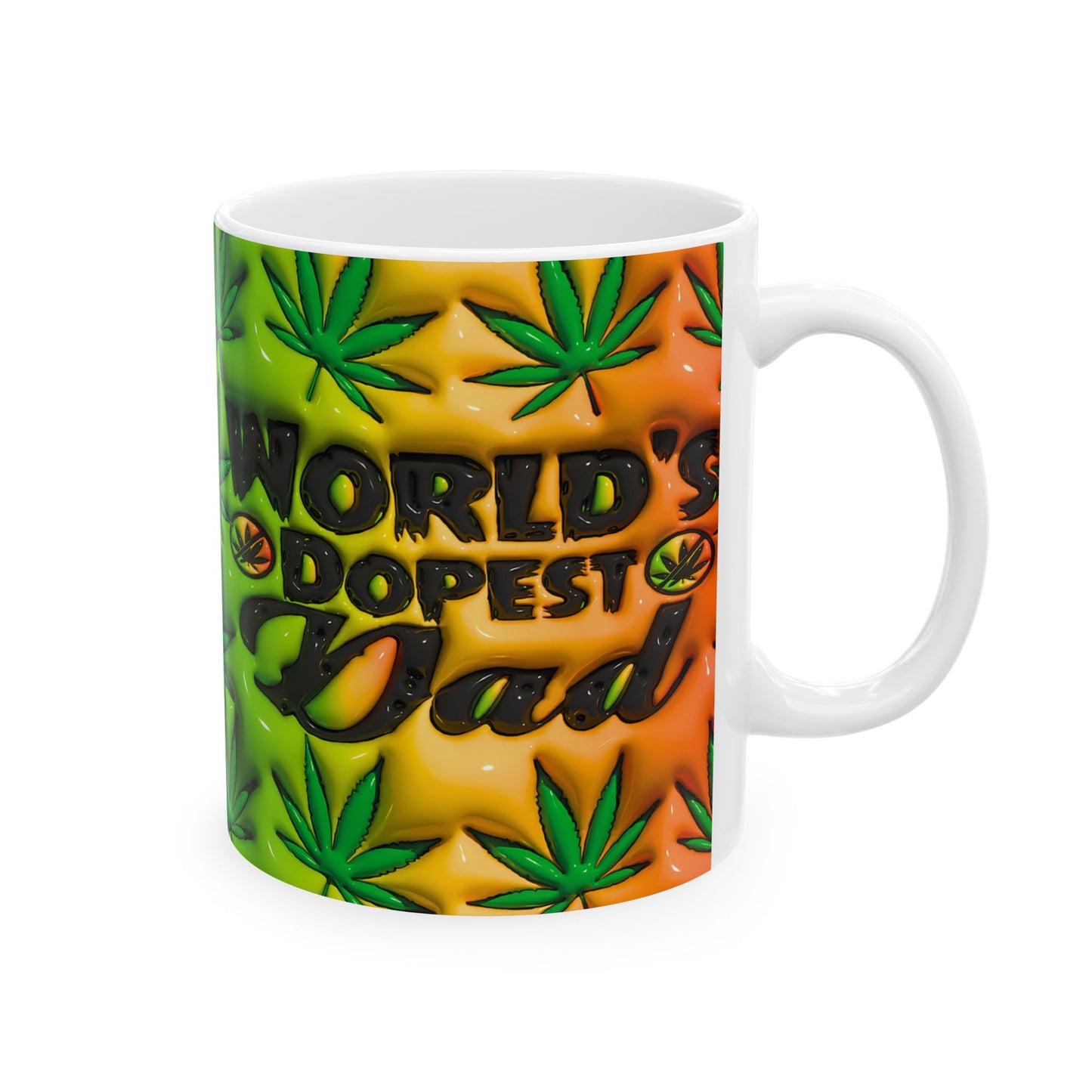 World's Dopest Dad Ceramic Mug - Colorful Green & Orange Cannabis Design
