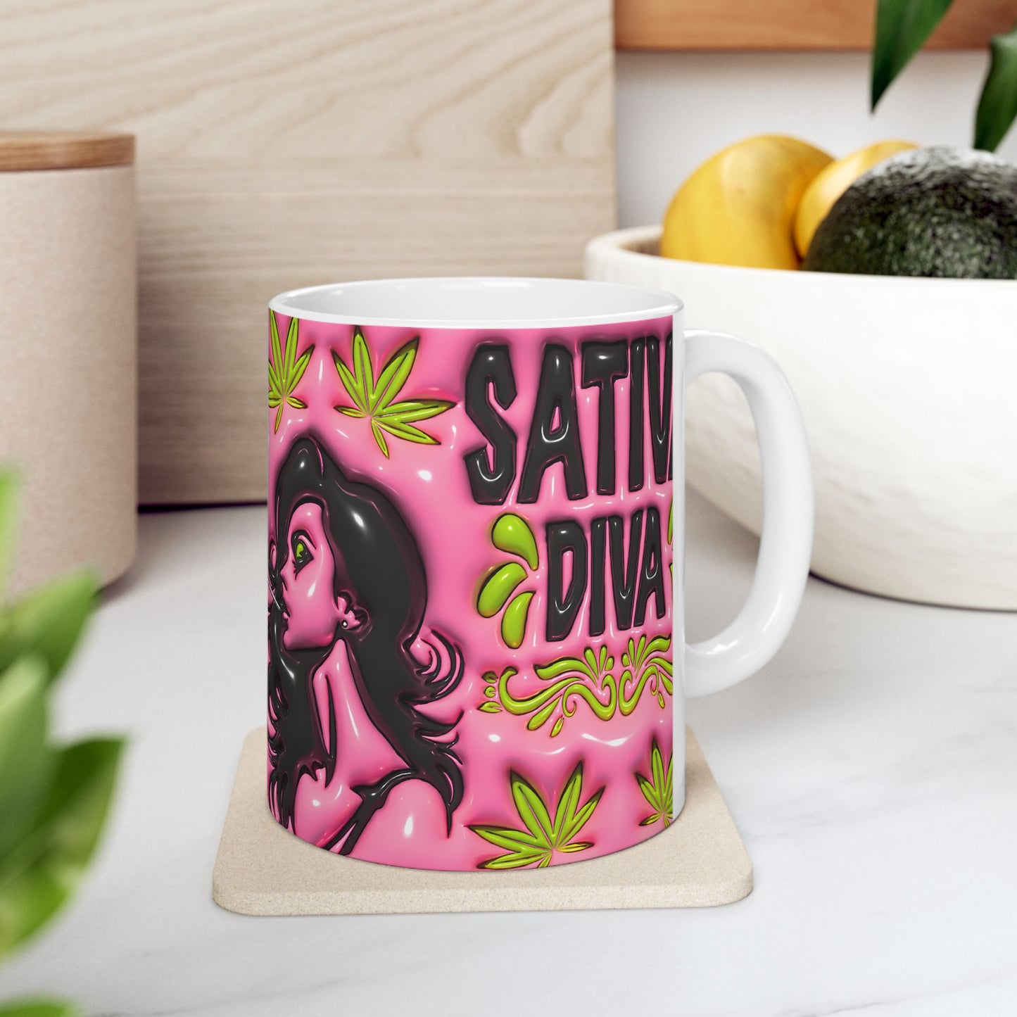 Sativa Diva Ceramic Coffee Mug - Bold Pink Design for Cannabis Lovers