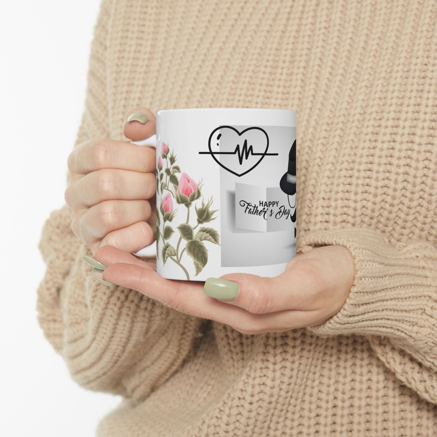 Father's Day Ceramic Mug - Stylish Gift with Roses & Heartbeat Design