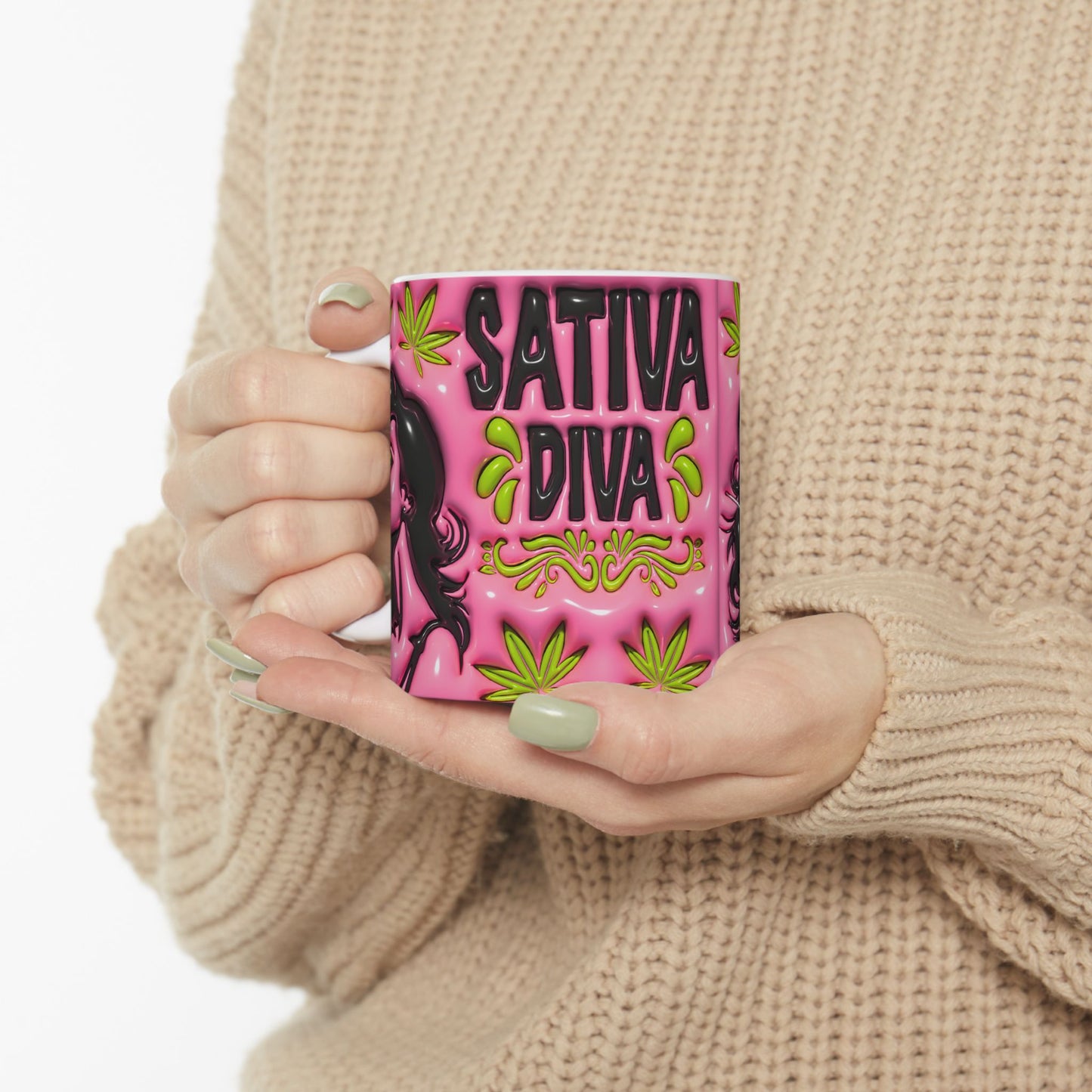 Sativa Diva Ceramic Coffee Mug - Bold Pink Design for Cannabis Lovers