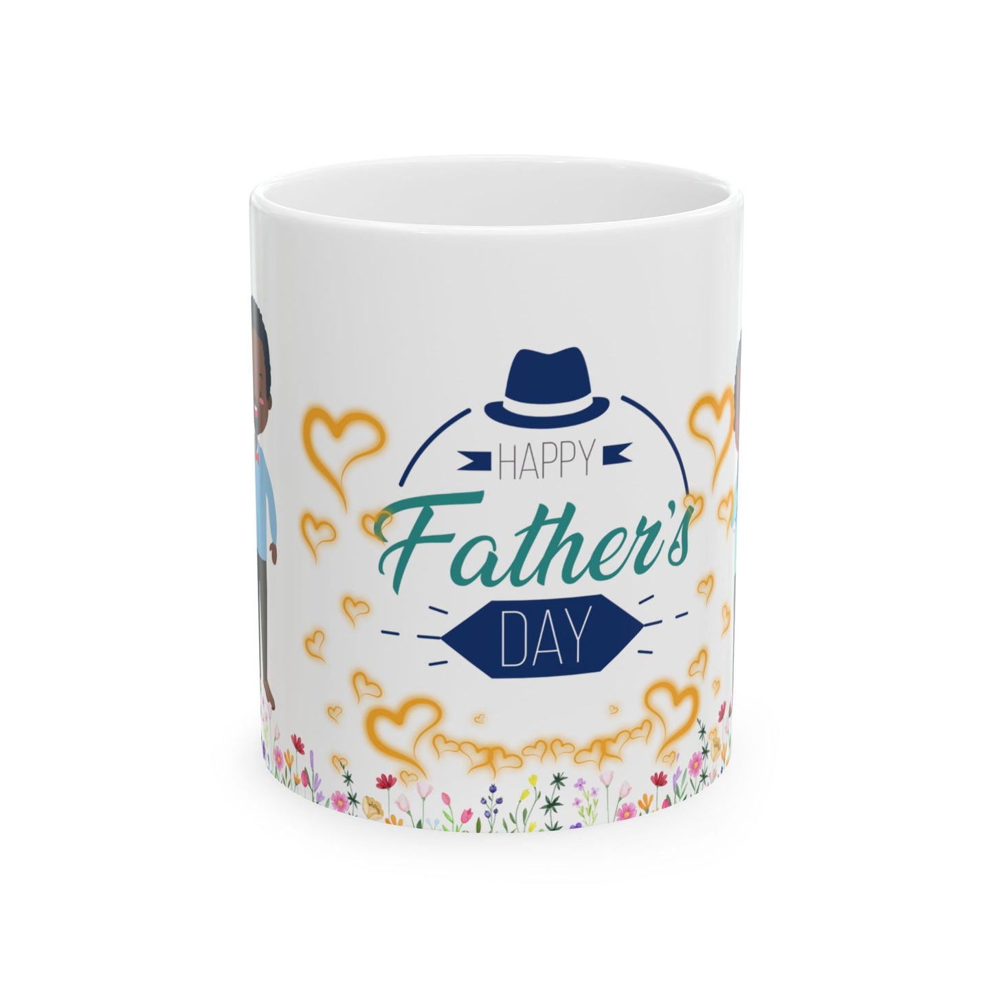 Happy Father's Day Ceramic Mug Colorful Floral Design with Cheerful Characters