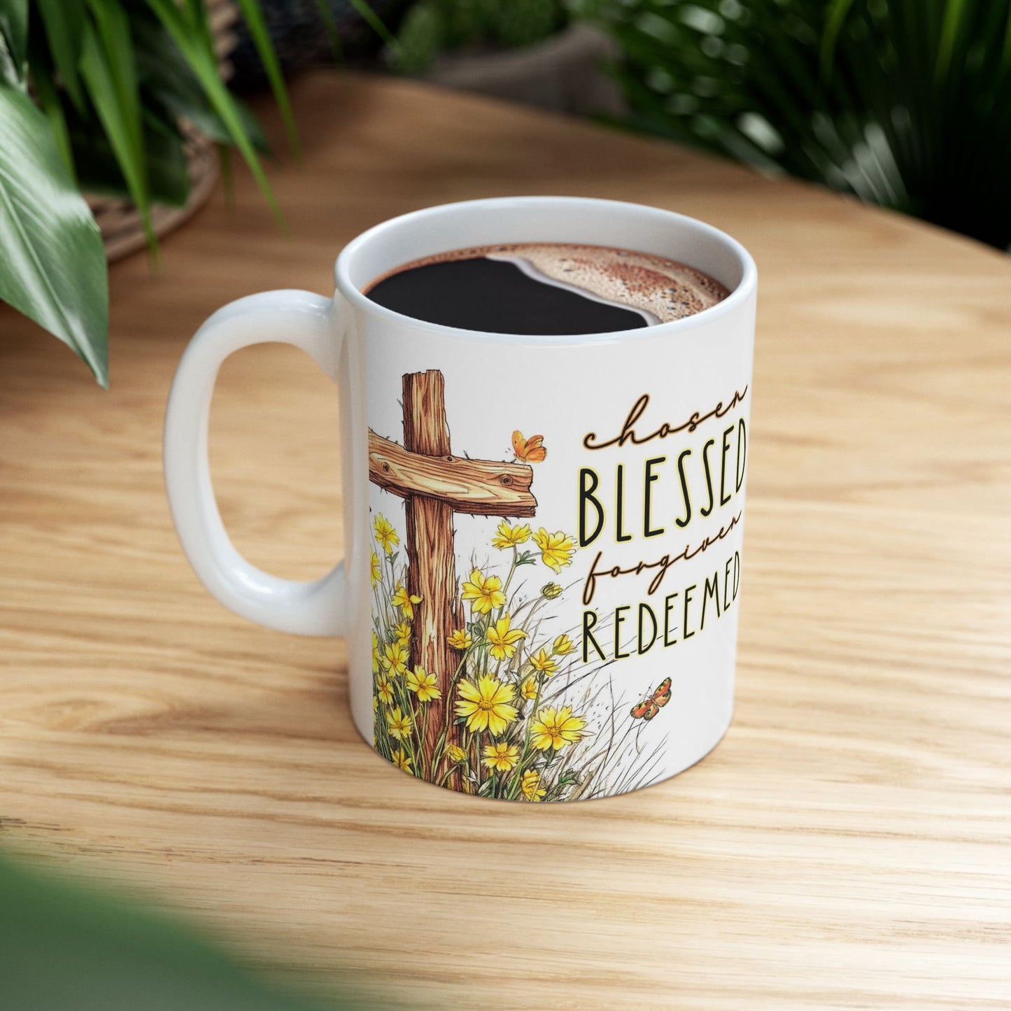Inspirational Ceramic Mug - 'Chosen, Blessed, Redeemed' with Floral Design