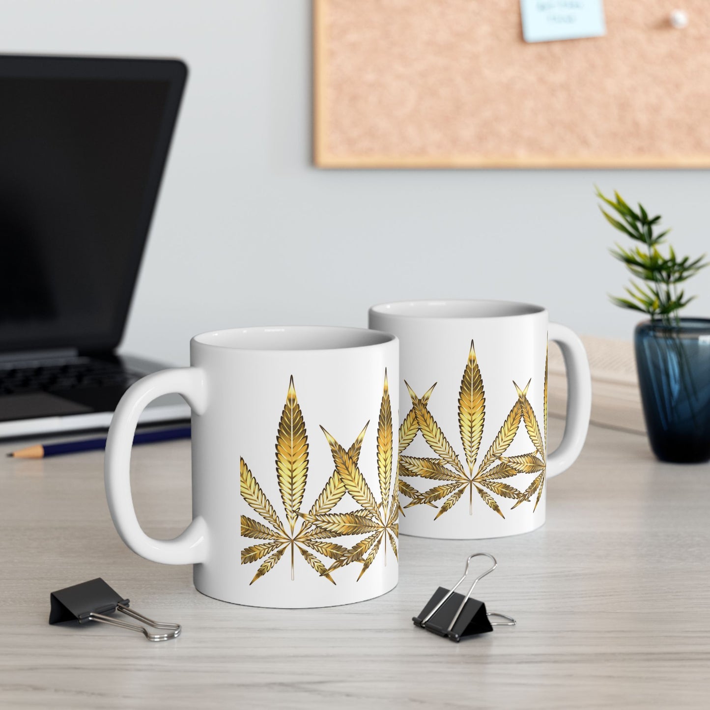 Gold Leaf Cannabis Ceramic Mug - 11oz Coffee Cup for Cannabis Lovers