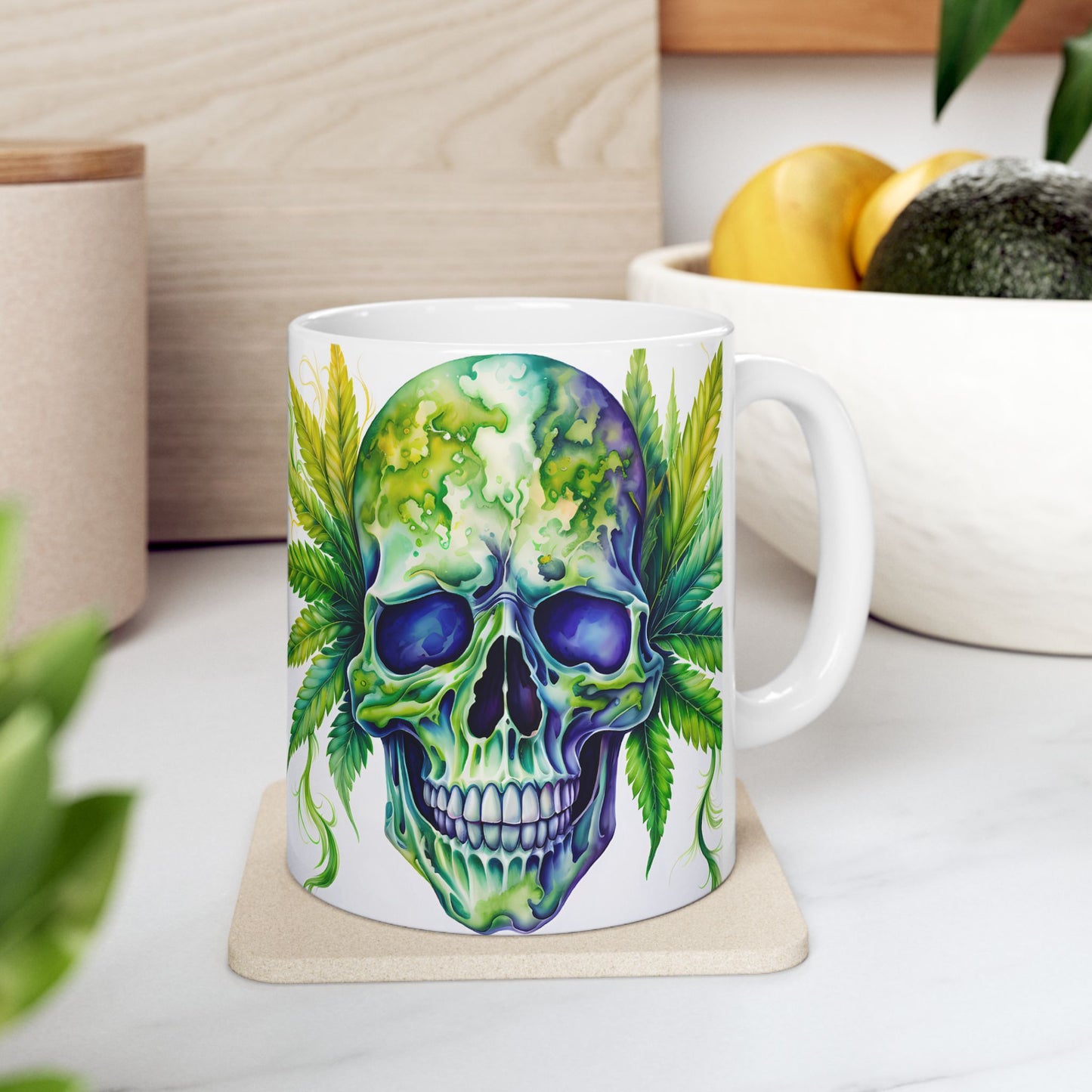 Vibrant Skull & Leaf Ceramic Mug - 11oz Perfect for Stoners