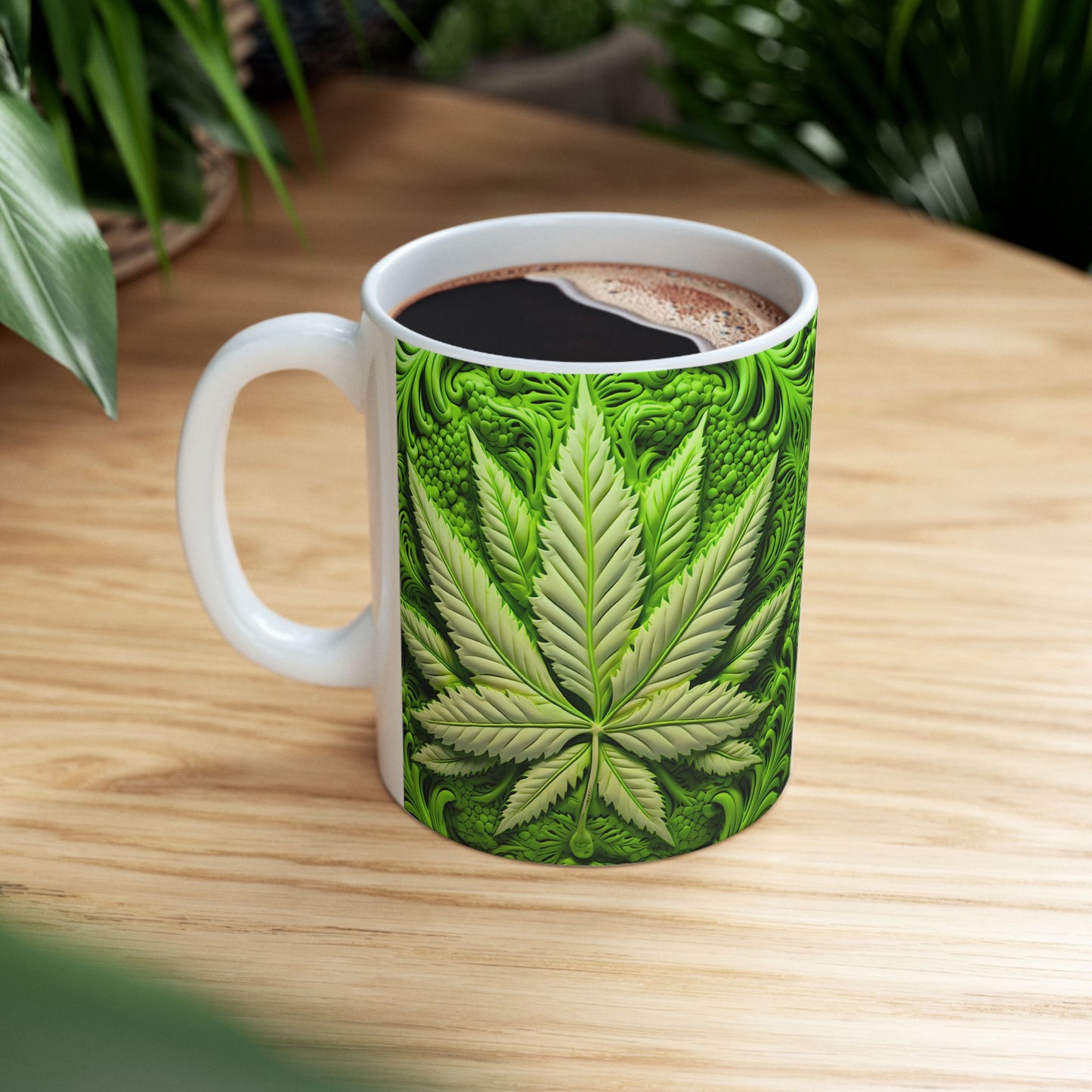 Green Leaf Design Ceramic Mug - Perfect for Plant Lovers - 11oz