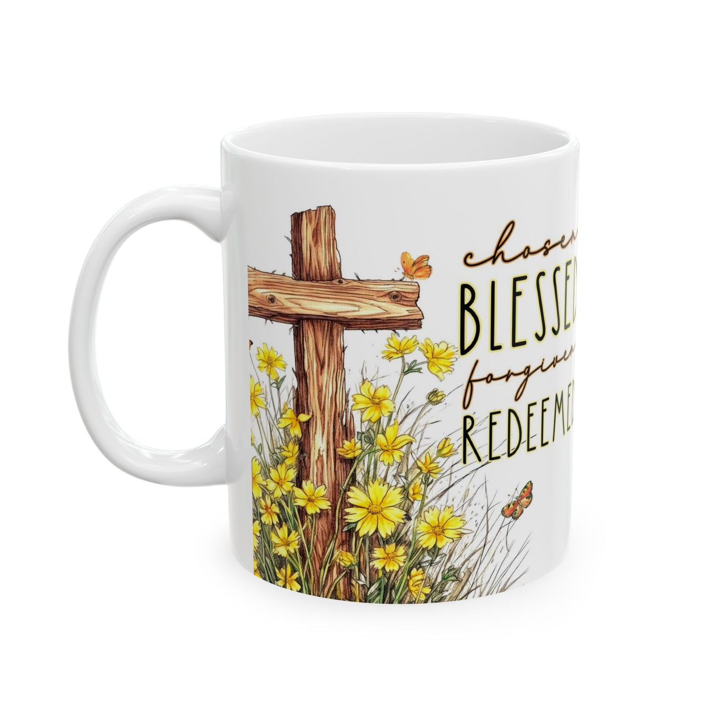 Inspirational Ceramic Mug - 'Chosen, Blessed, Redeemed' with Floral Design