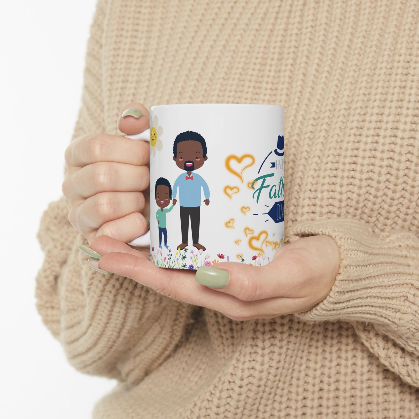 Happy Father's Day Ceramic Mug Colorful Floral Design with Cheerful Characters