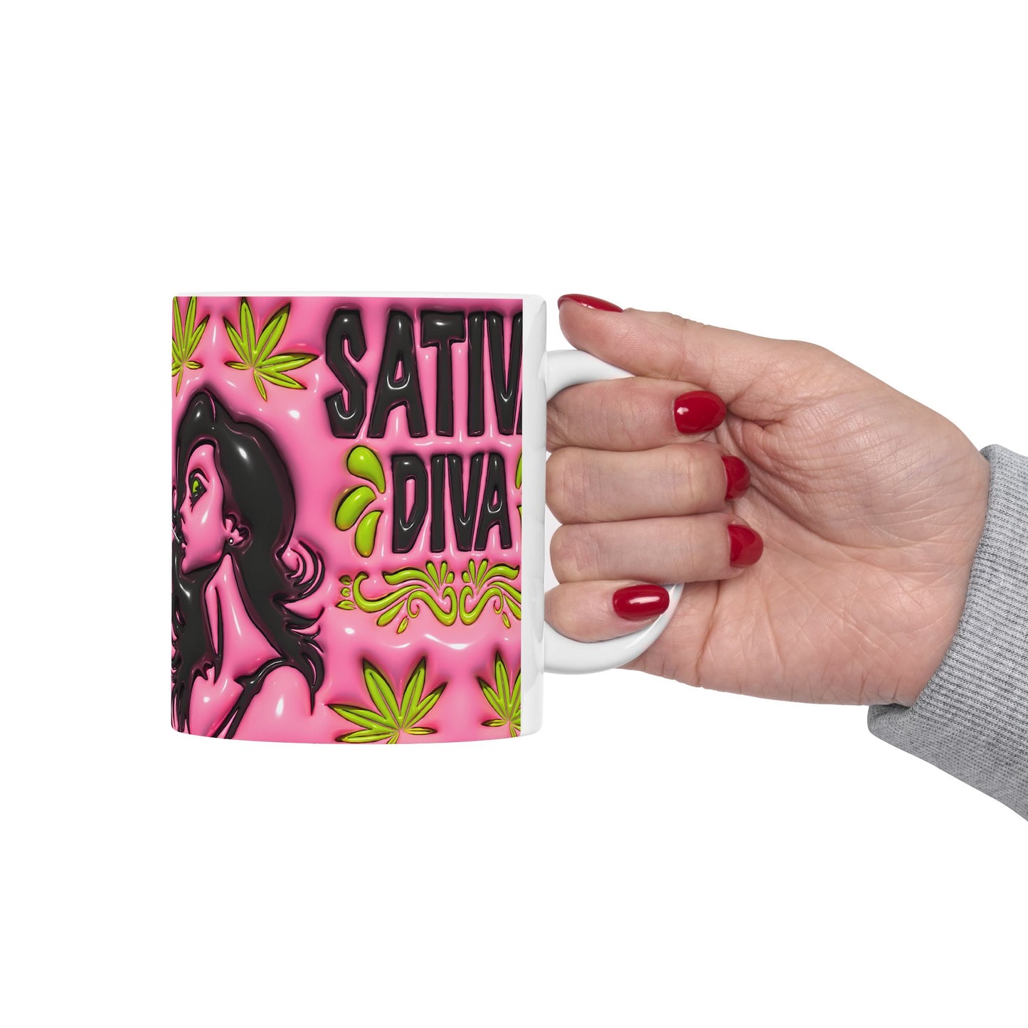 Sativa Diva Ceramic Coffee Mug - Bold Pink Design for Cannabis Lovers