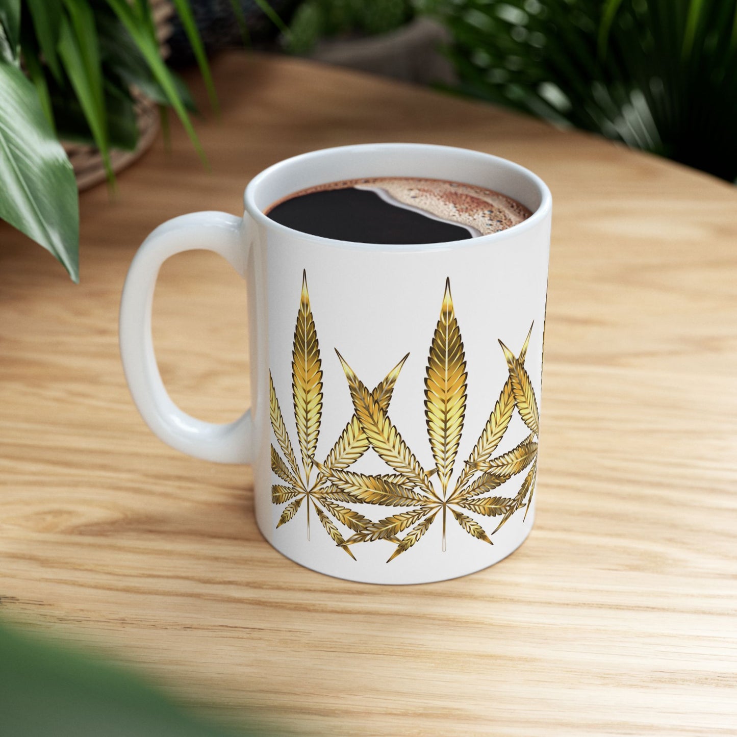 Gold Leaf Cannabis Ceramic Mug - 11oz Coffee Cup for Cannabis Lovers