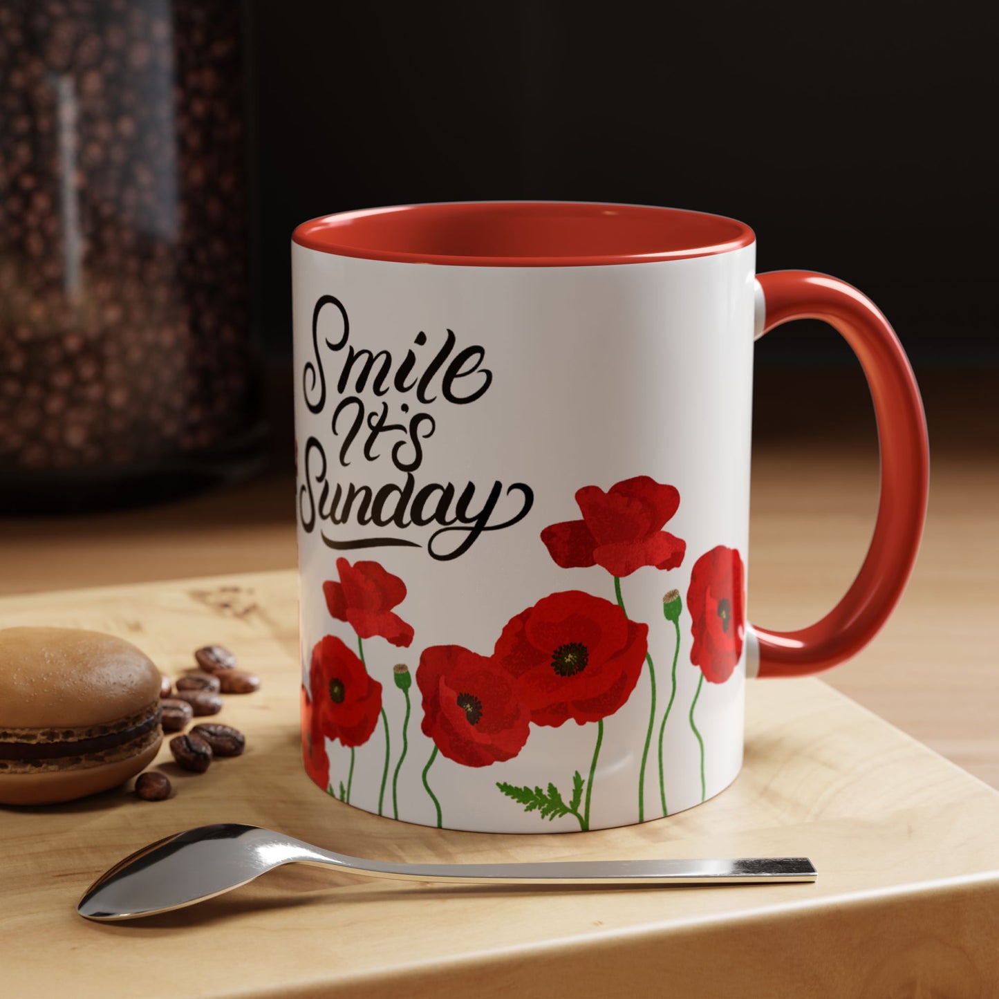 Inspirational Accent Coffee Mug - "Smile It's Sunday" with Poppy Design - Perfect Gift for Coffee Lovers