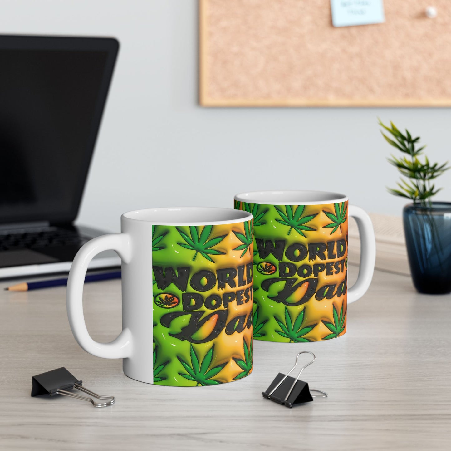 World's Dopest Dad Ceramic Mug - Colorful Green & Orange Cannabis Design